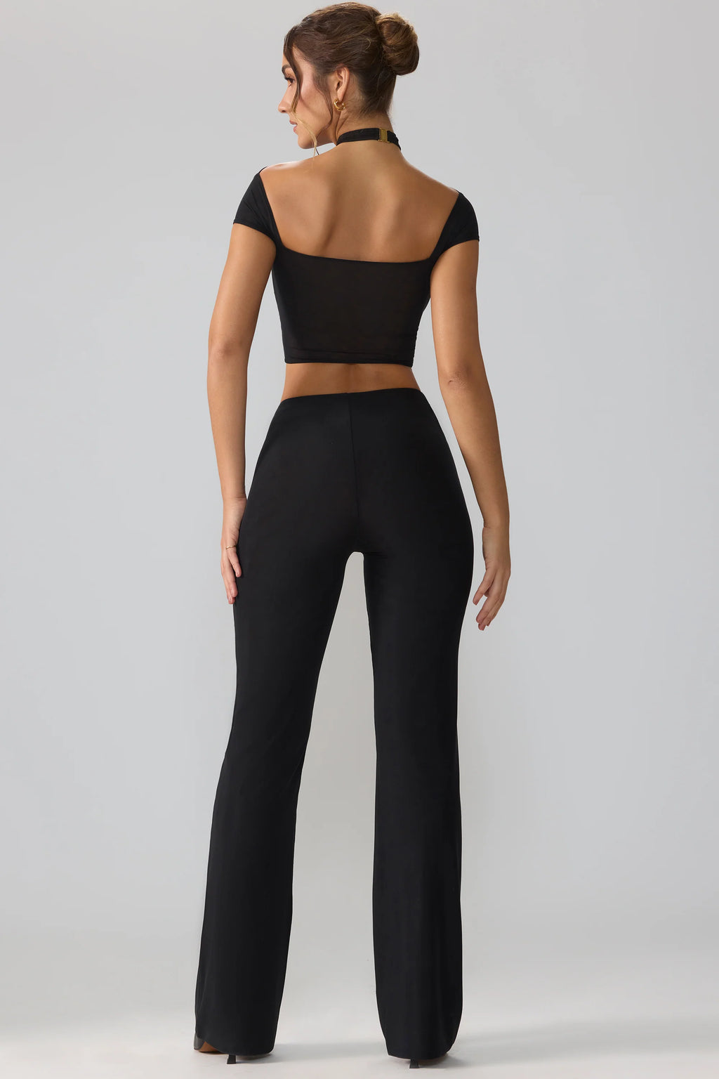 Tall Mesh Mid Rise Twist Overlay Flare Trousers in Black
