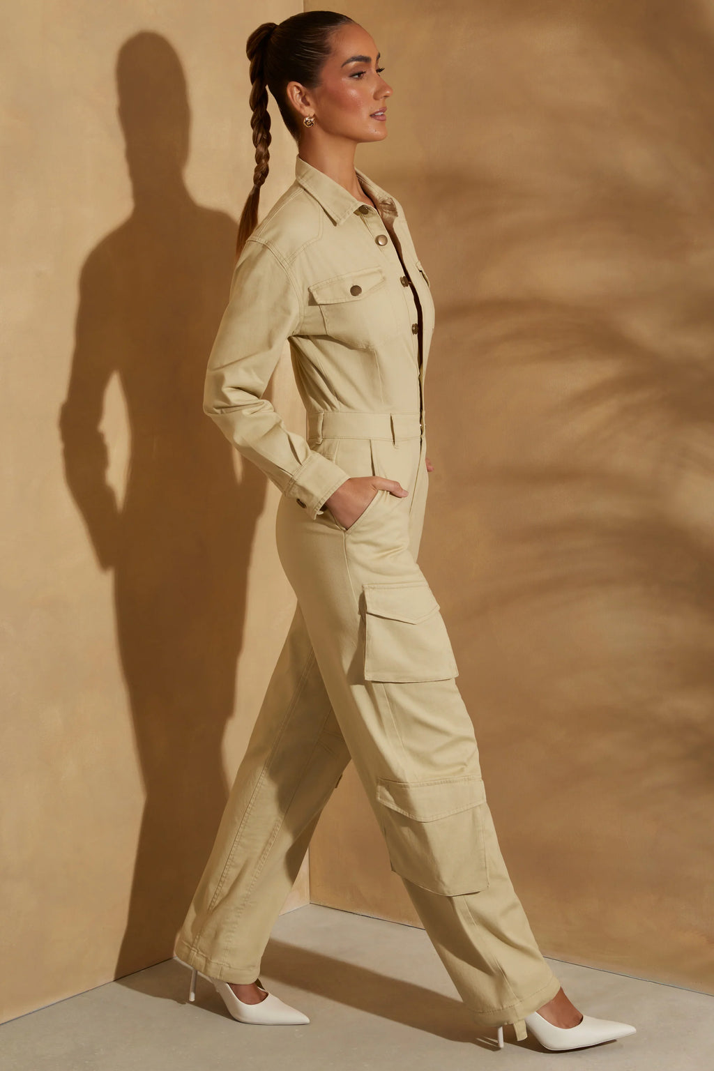 Petite Wide Leg Long Sleeve Cargo Jumpsuit in Sage