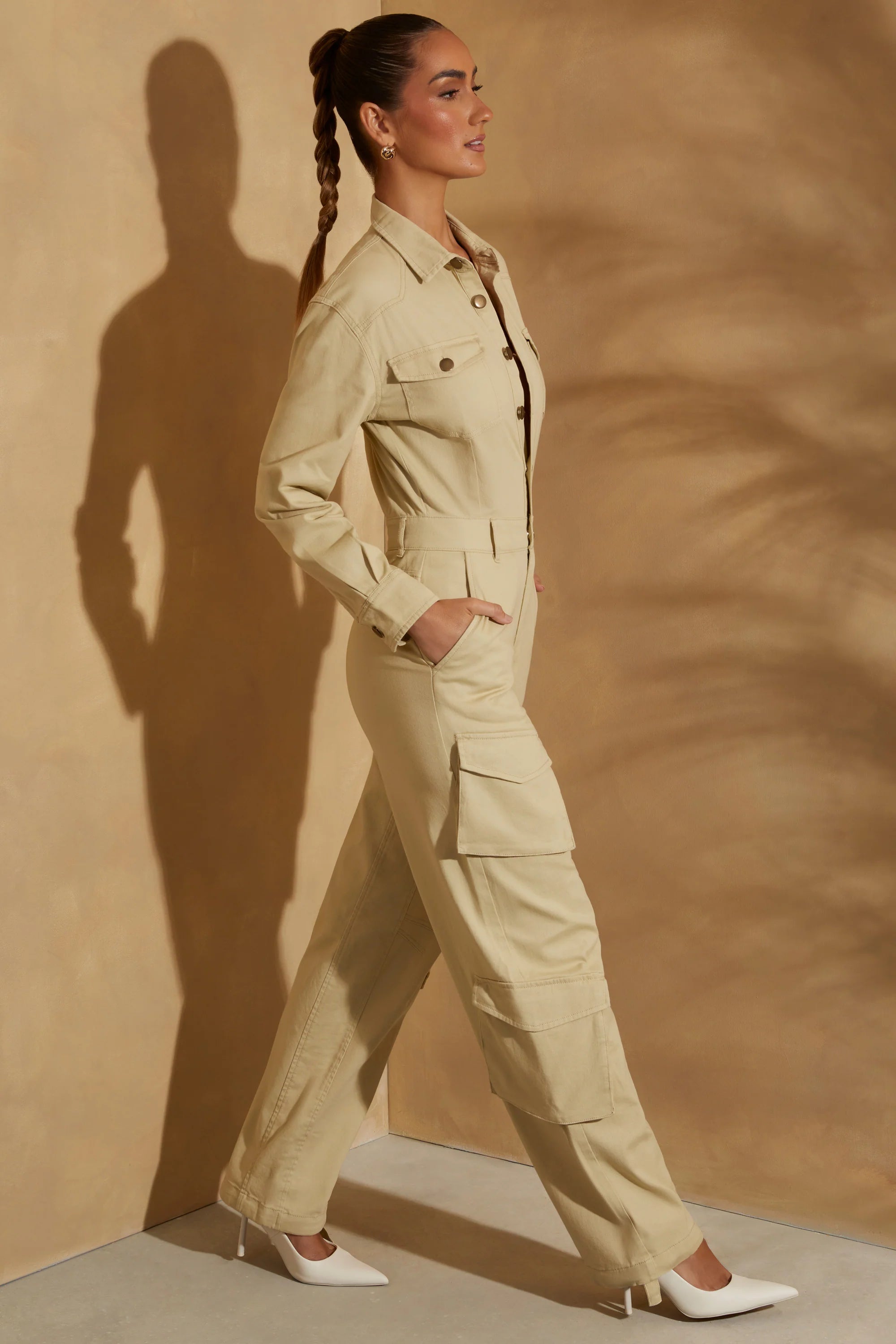 Petite Wide Leg Long Sleeve Cargo Jumpsuit in Sage