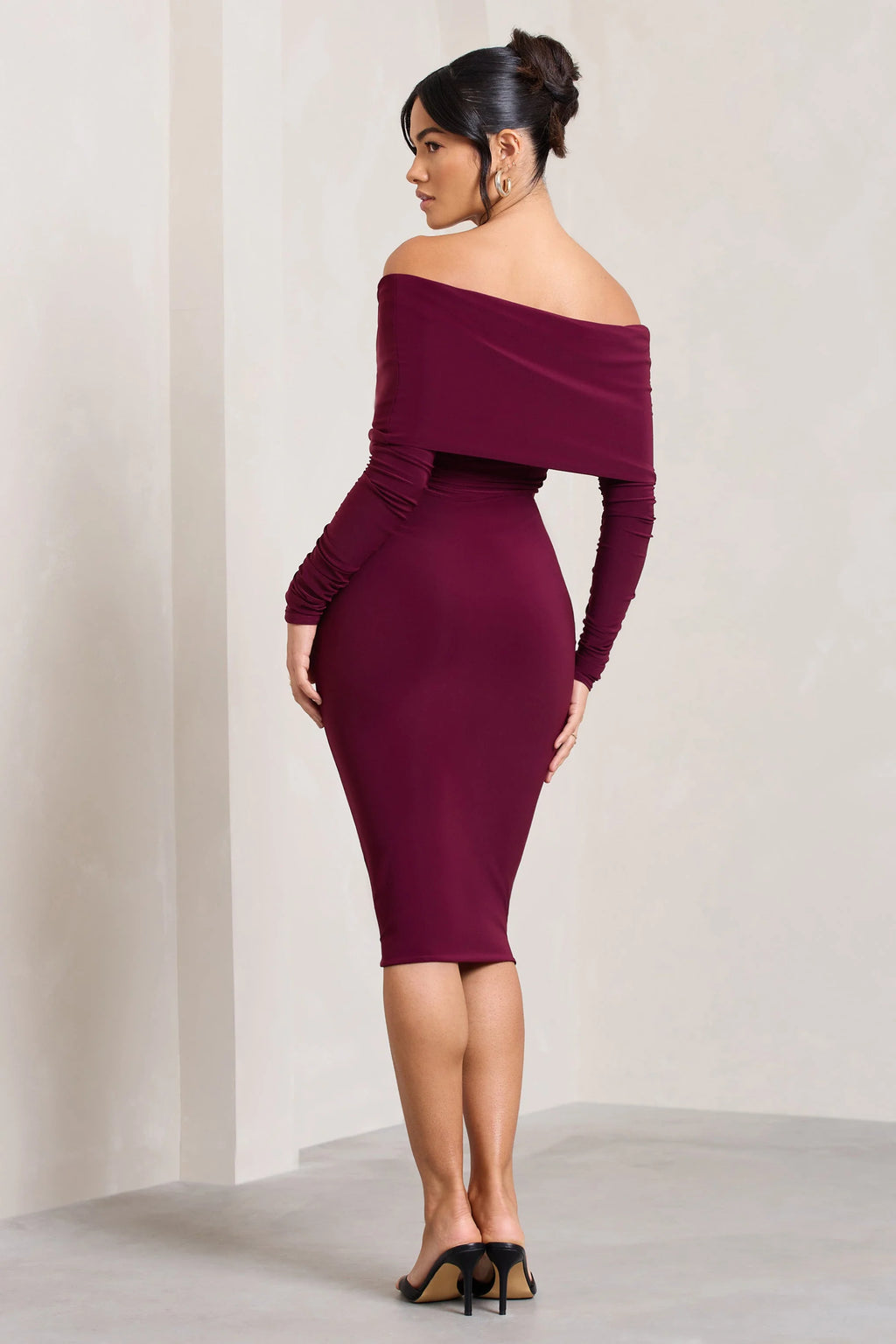 Flatter Me | Burgundy Twist Front Bardot Midi Dress