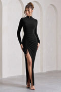 Lynn | Black Ruched High-Neck Split Maxi Dress