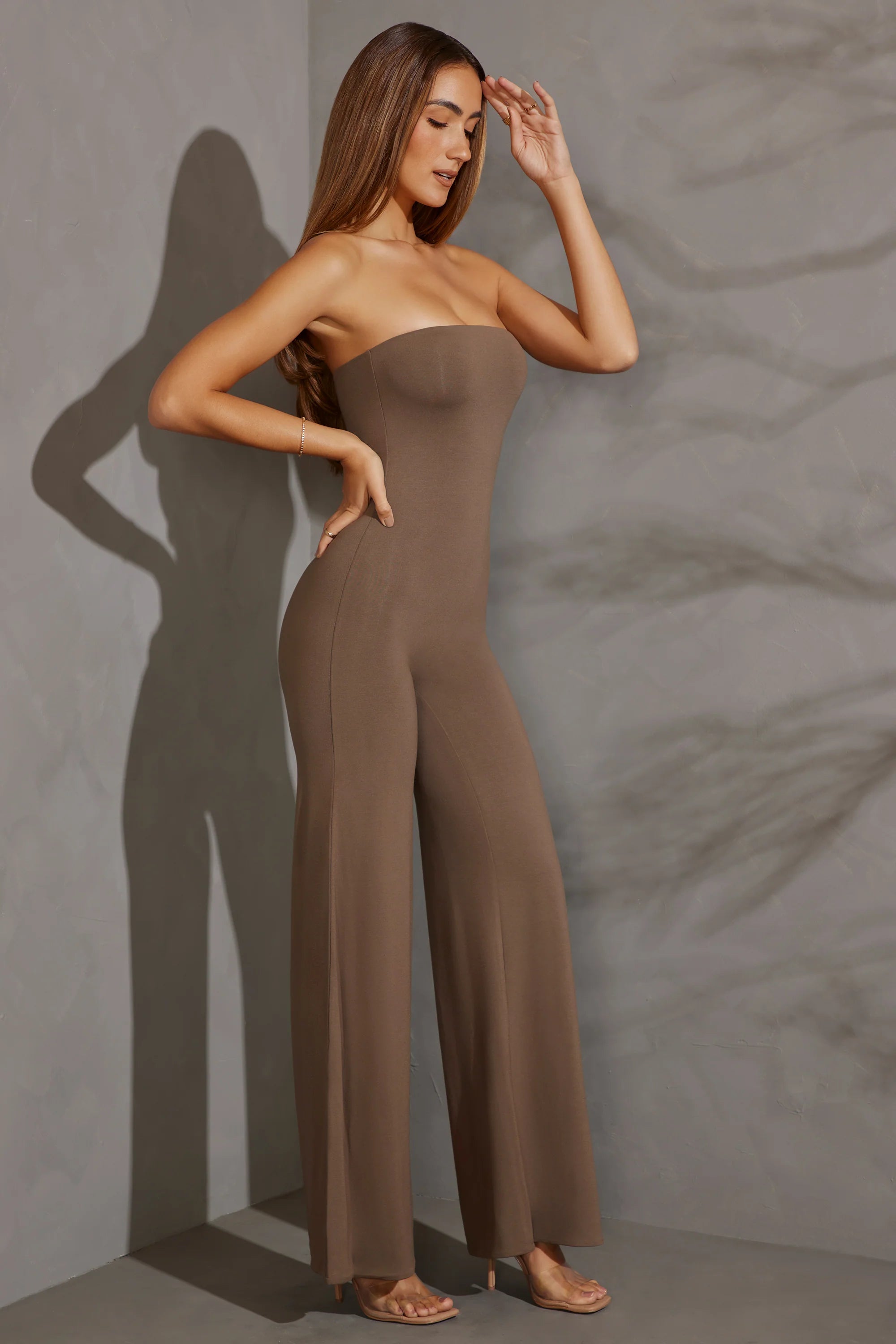 Petite Bandeau Wide Leg Jumpsuit in Taupe