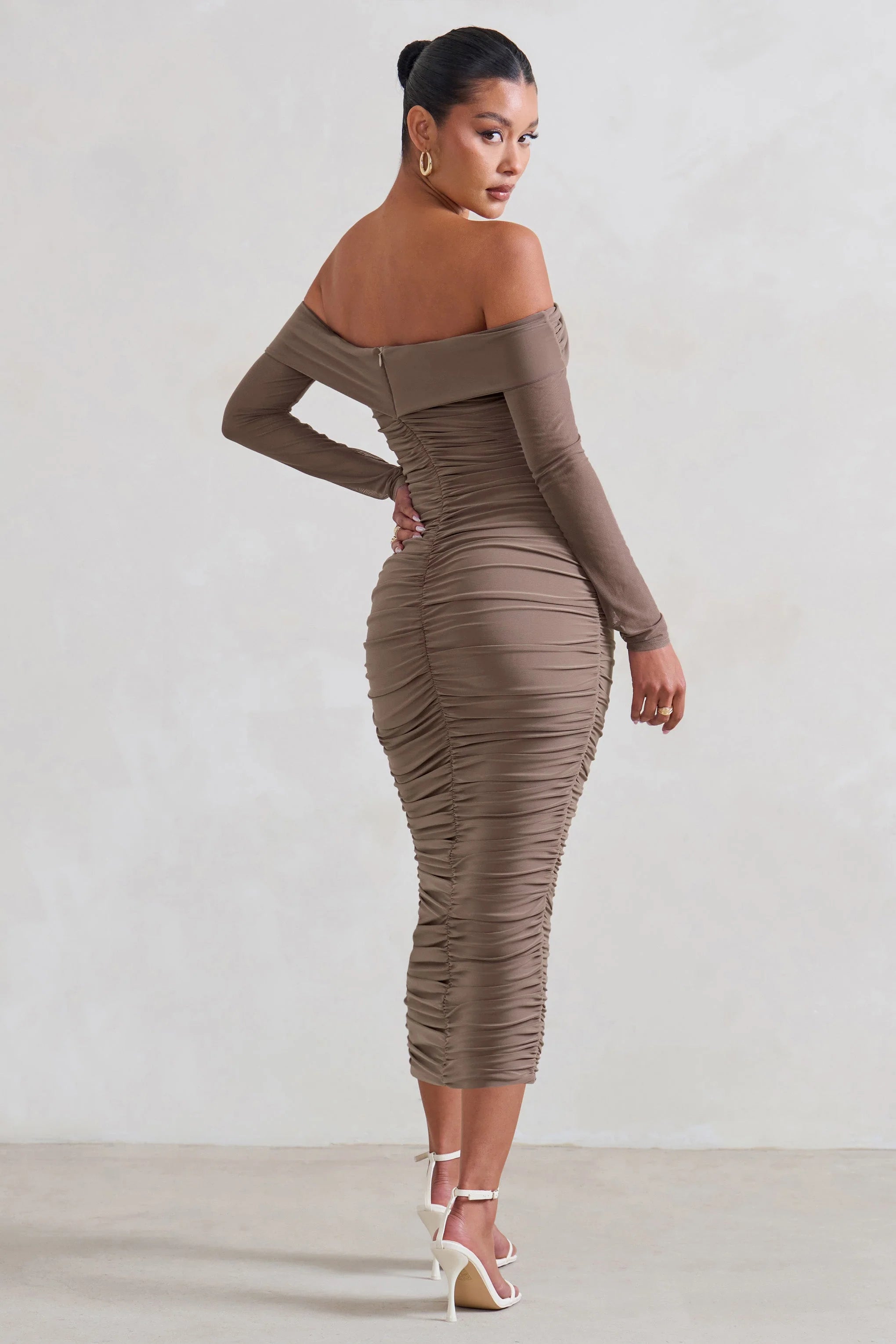 Neva | Mocha Bardot Twist Midi Dress