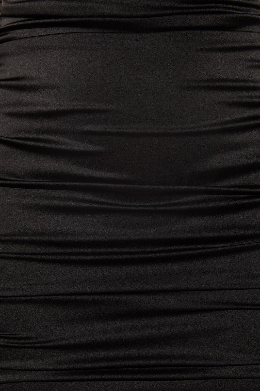 Sweetener Backless Ruched Satin Mini Dress in Black