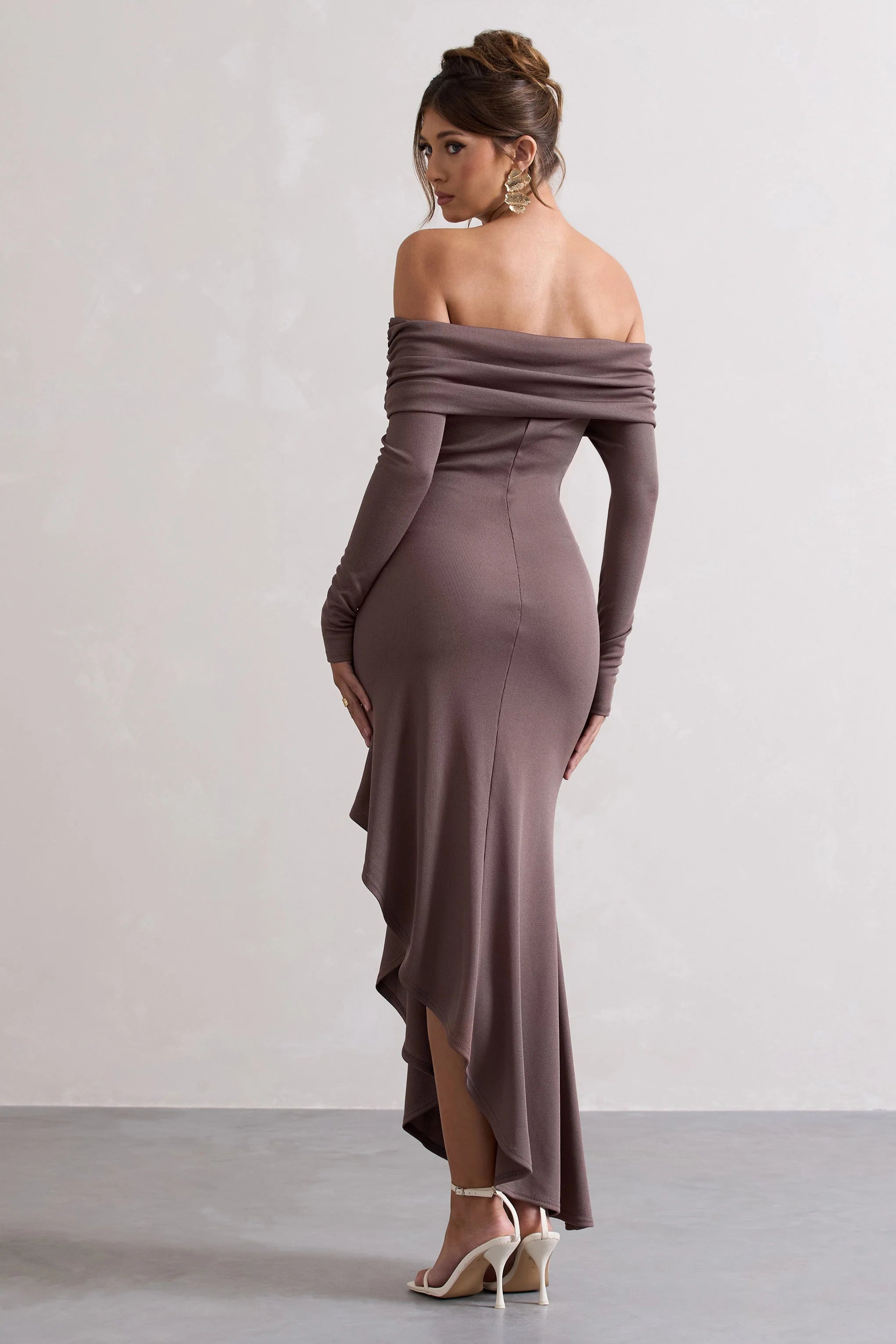 Romina | Mocha Rib Knit Bardot Maxi Dress With Asymmetric Hem