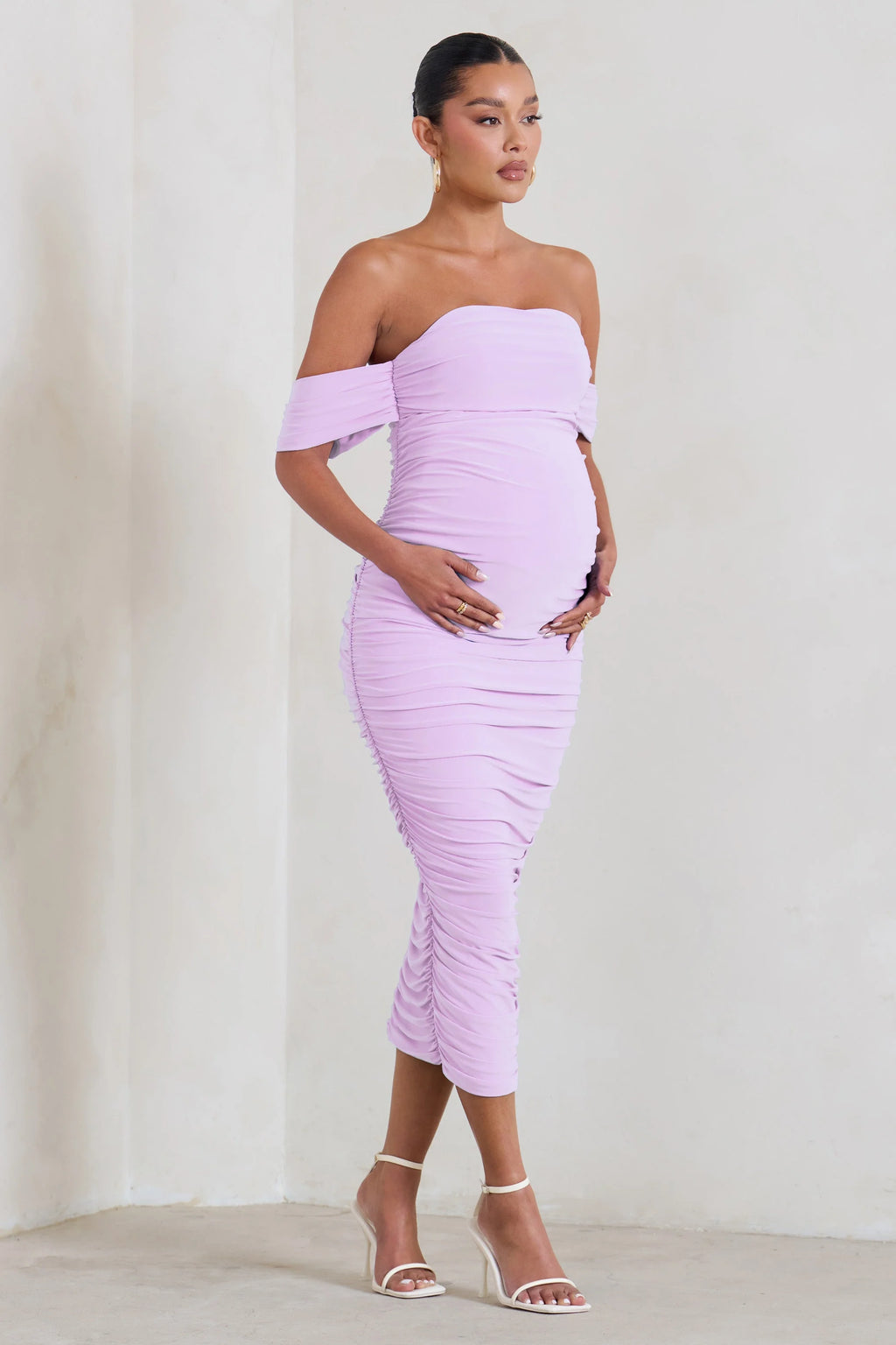 Plus One | Lilac Maternity Ruched Bardot Midi Dress