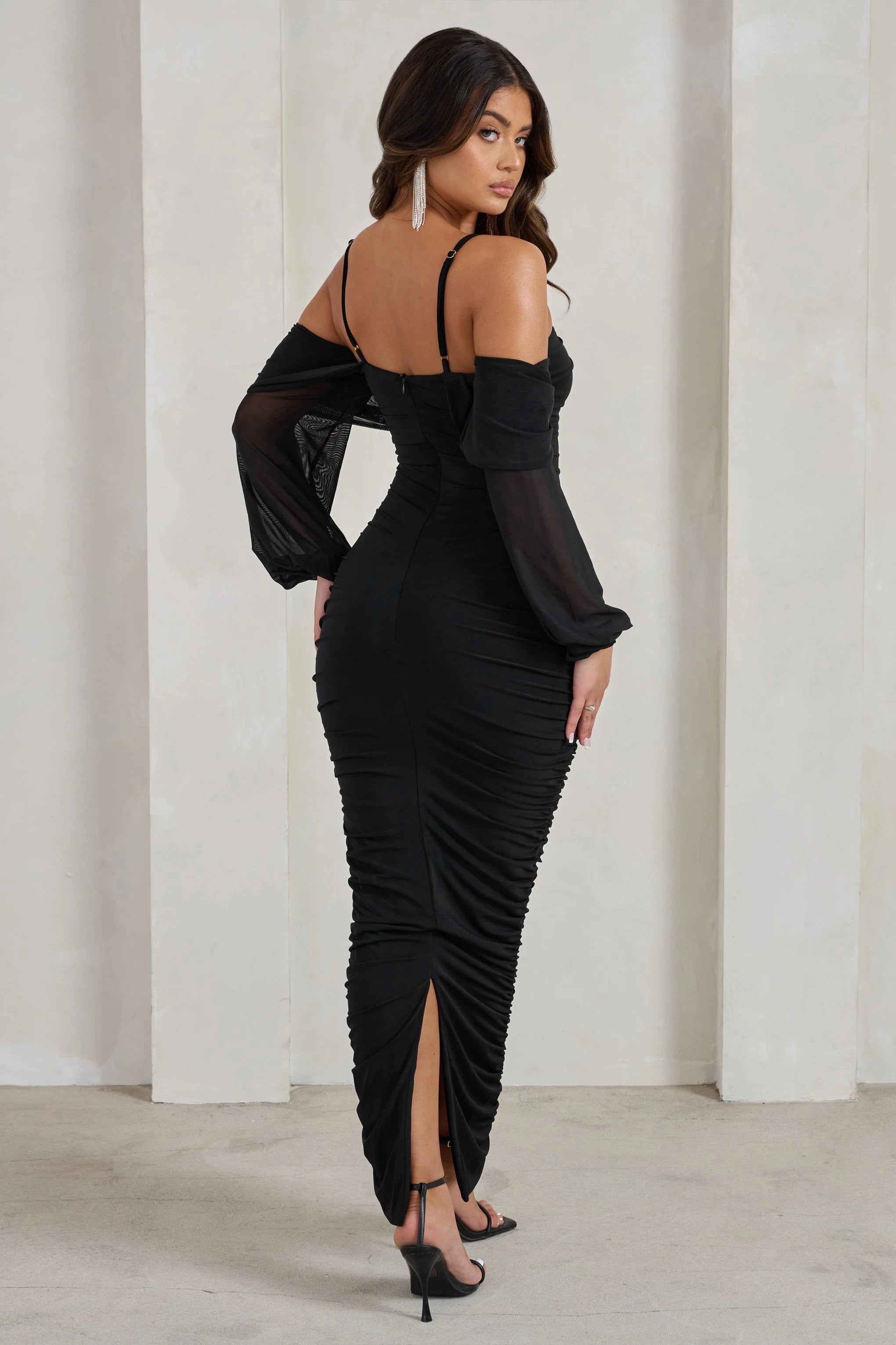 Announcement | Black Bardot Mesh Ruched Maxi Dress