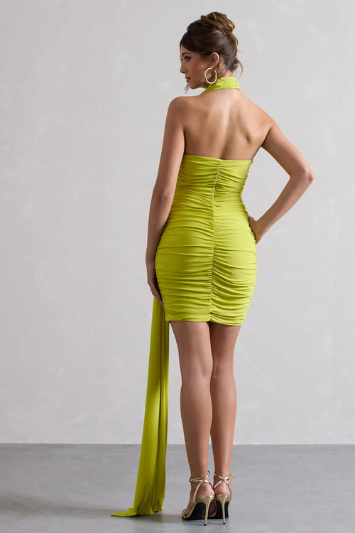 Abel | Lime Green Ruched Asymmetric Mini Dress With Scarf