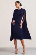 Marysol | Navy Asymmetric Cape Midi Dress