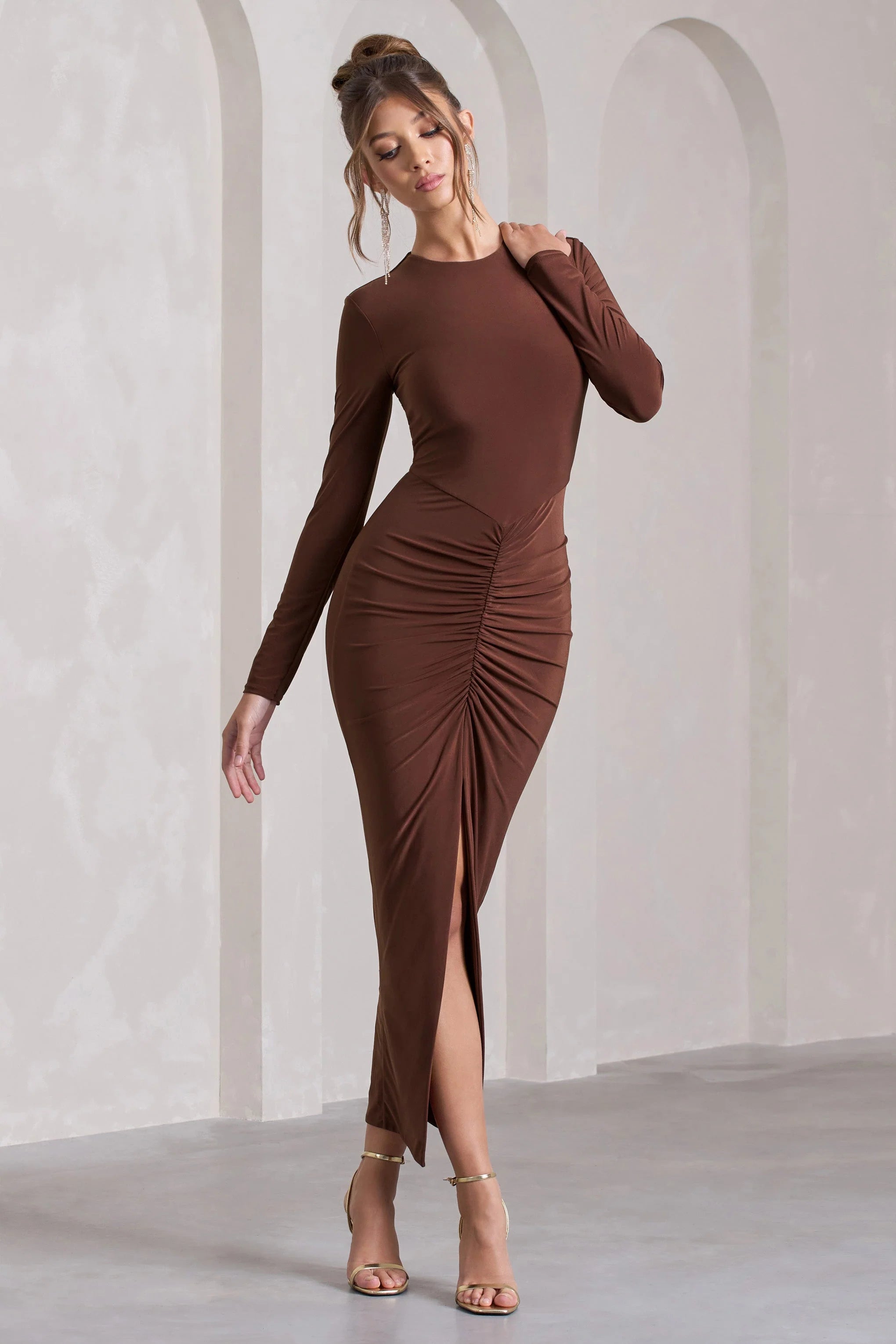 Katy | Chocolate Ruched Long-Sleeve Split Maxi Dress