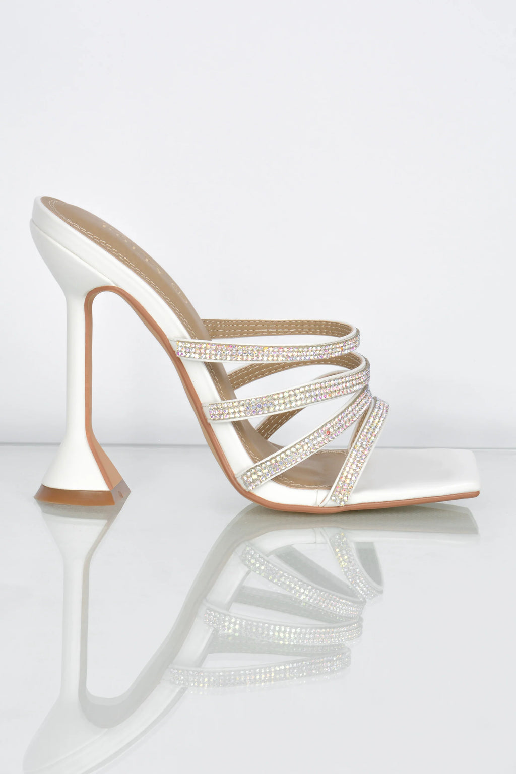 Raise The Bar Diamante Embellished Mule Heels in White