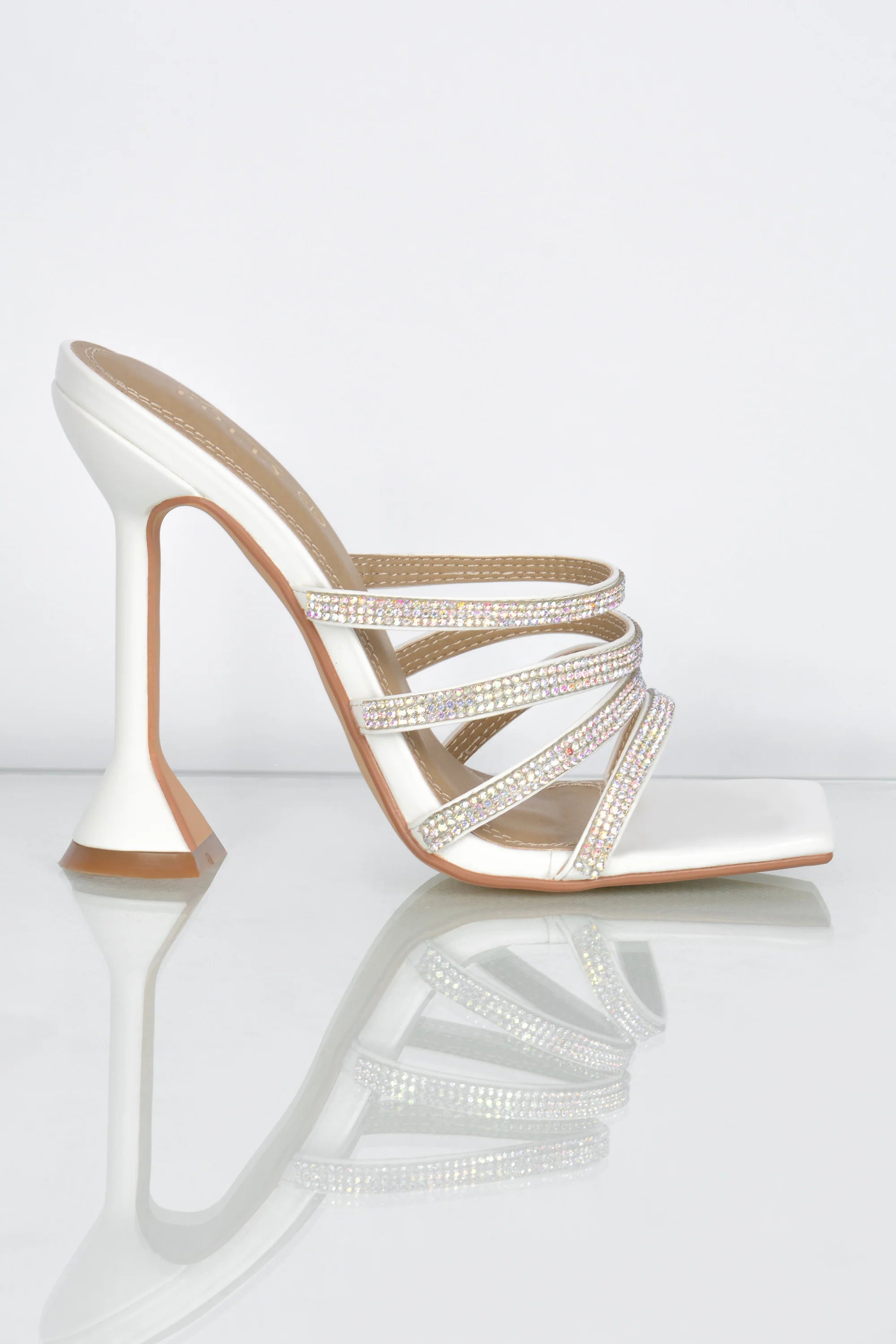 Raise The Bar Diamante Embellished Mule Heels in White