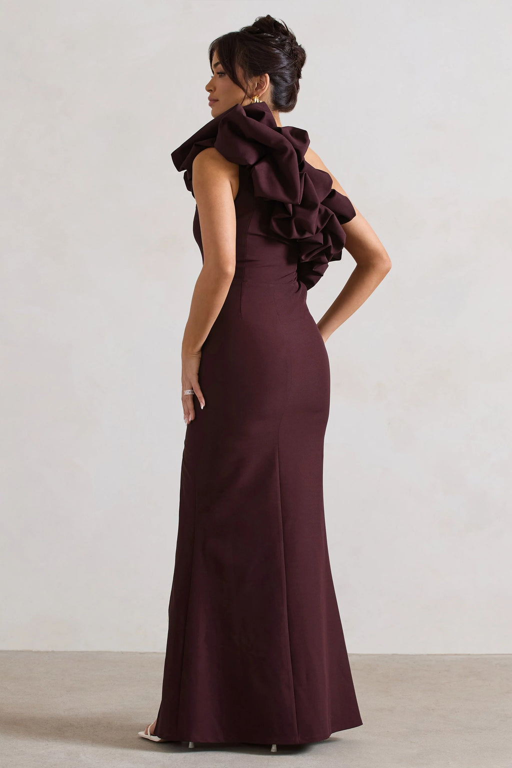 Vienne | Dark Plum Asymmetric Ruffle Split Maxi Dress