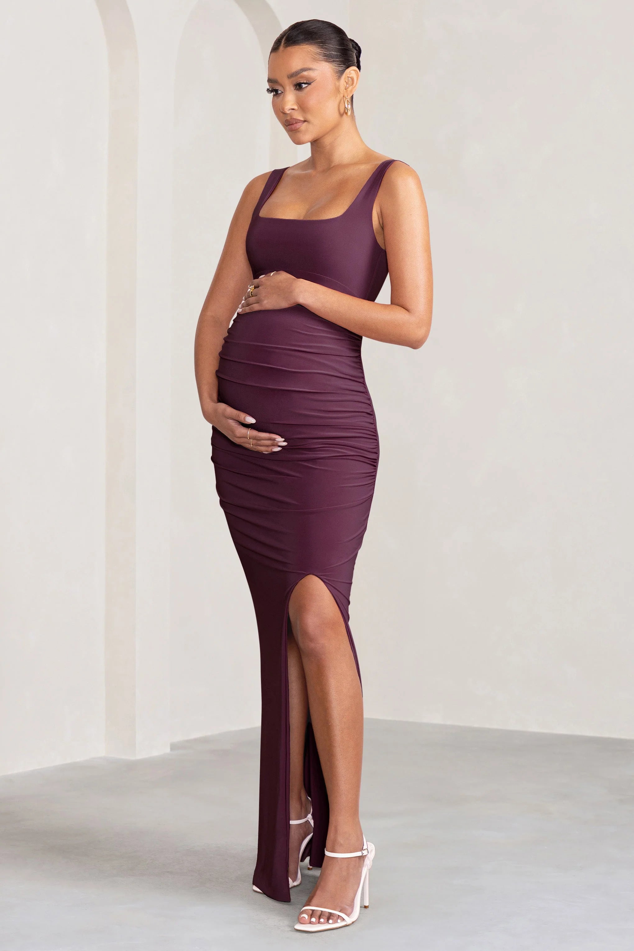 Avril | Plum Square Neck Maternity Maxi Dress with Split