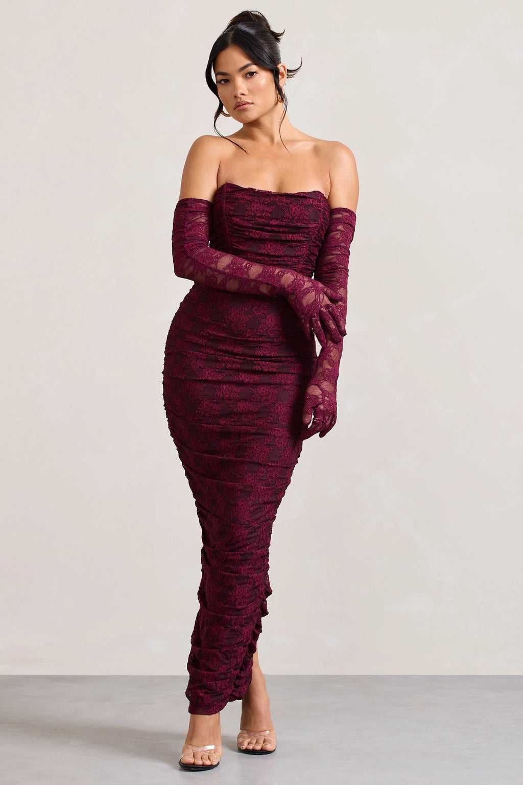 Prego | Burgundy Lace Long Ruched Gloves