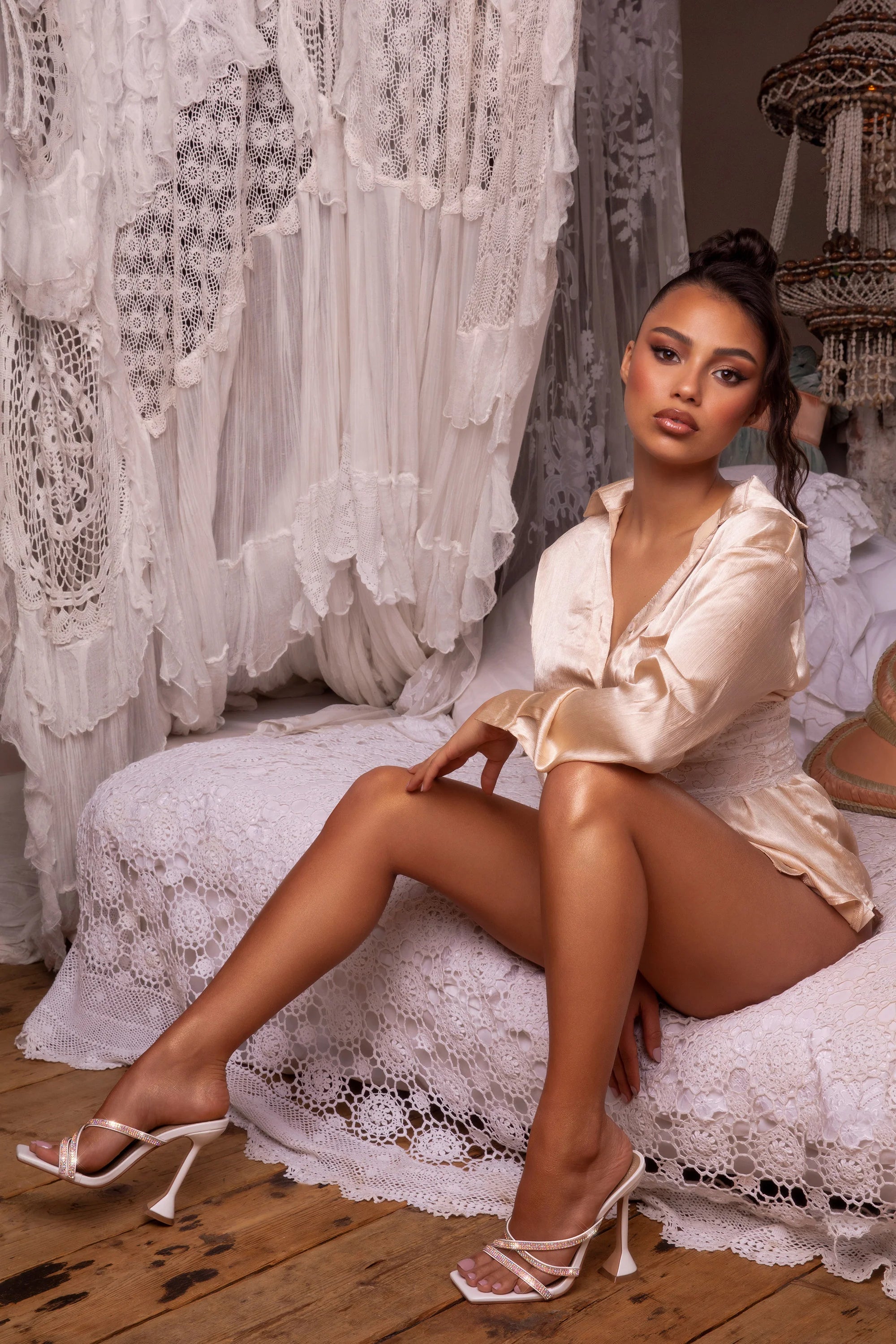 Step Aside Diamante Embellished Mule Heels in White