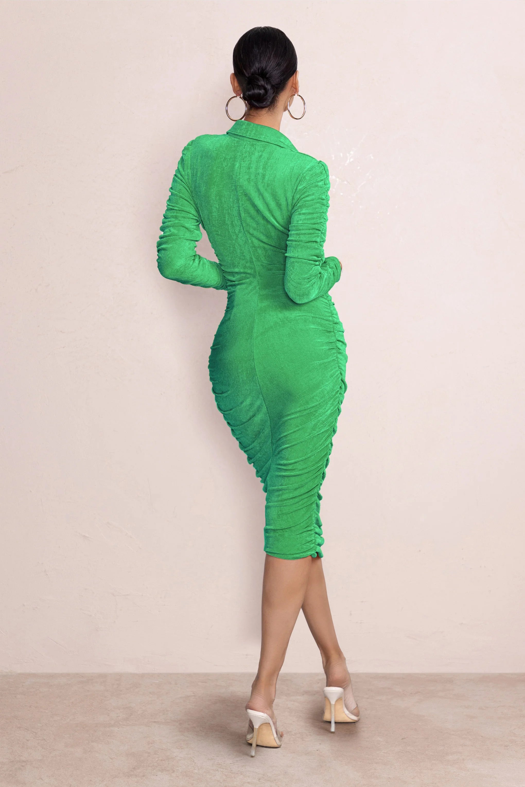 The Exception | Green Ruched Placket Front Midi Dress With Long Sleeves