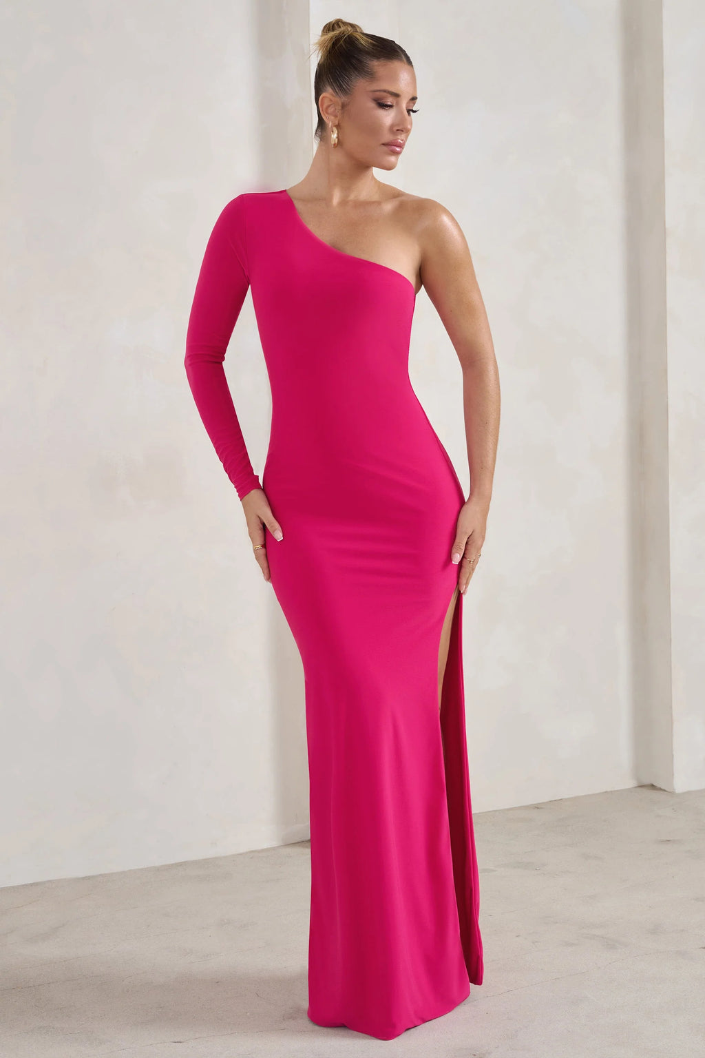 Melanie | Hot Pink One Shoulder Split Maxi Dress