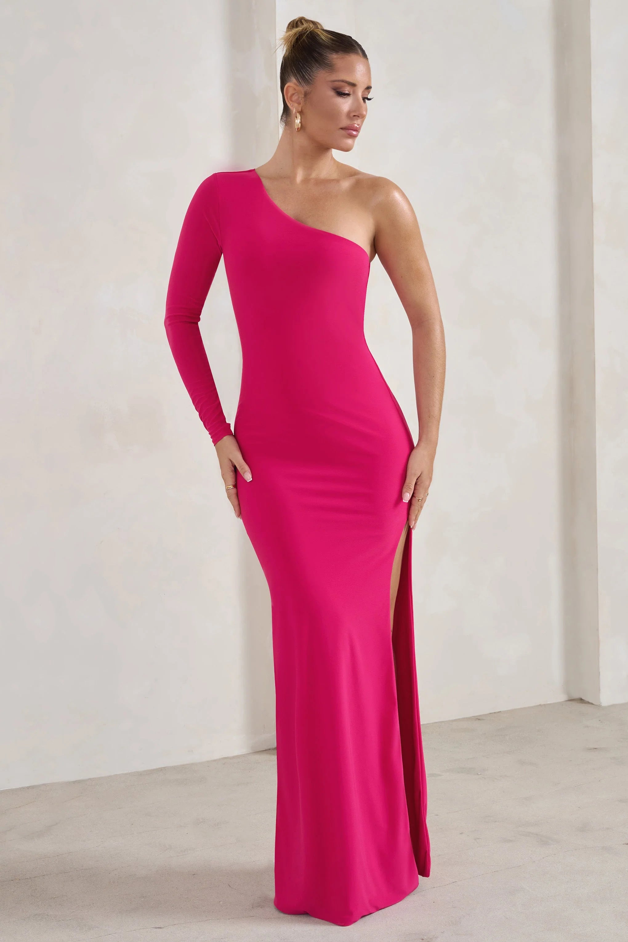 Melanie | Hot Pink One Shoulder Split Maxi Dress