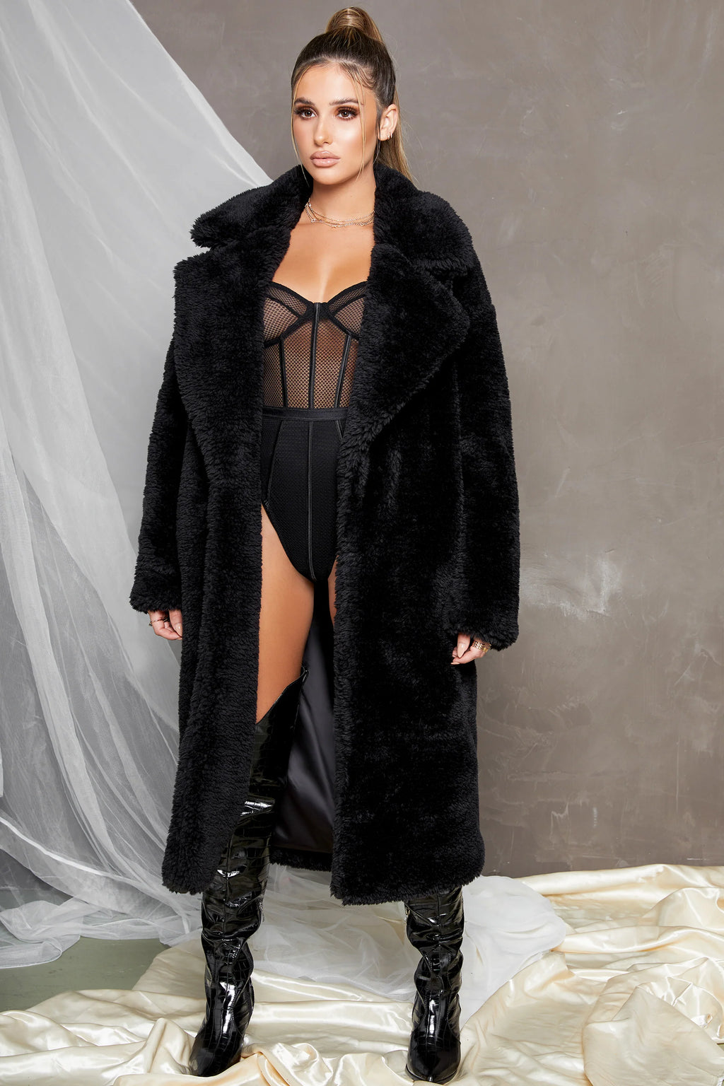 Empire Oversized Longline Cocoon Teddy Coat in Black