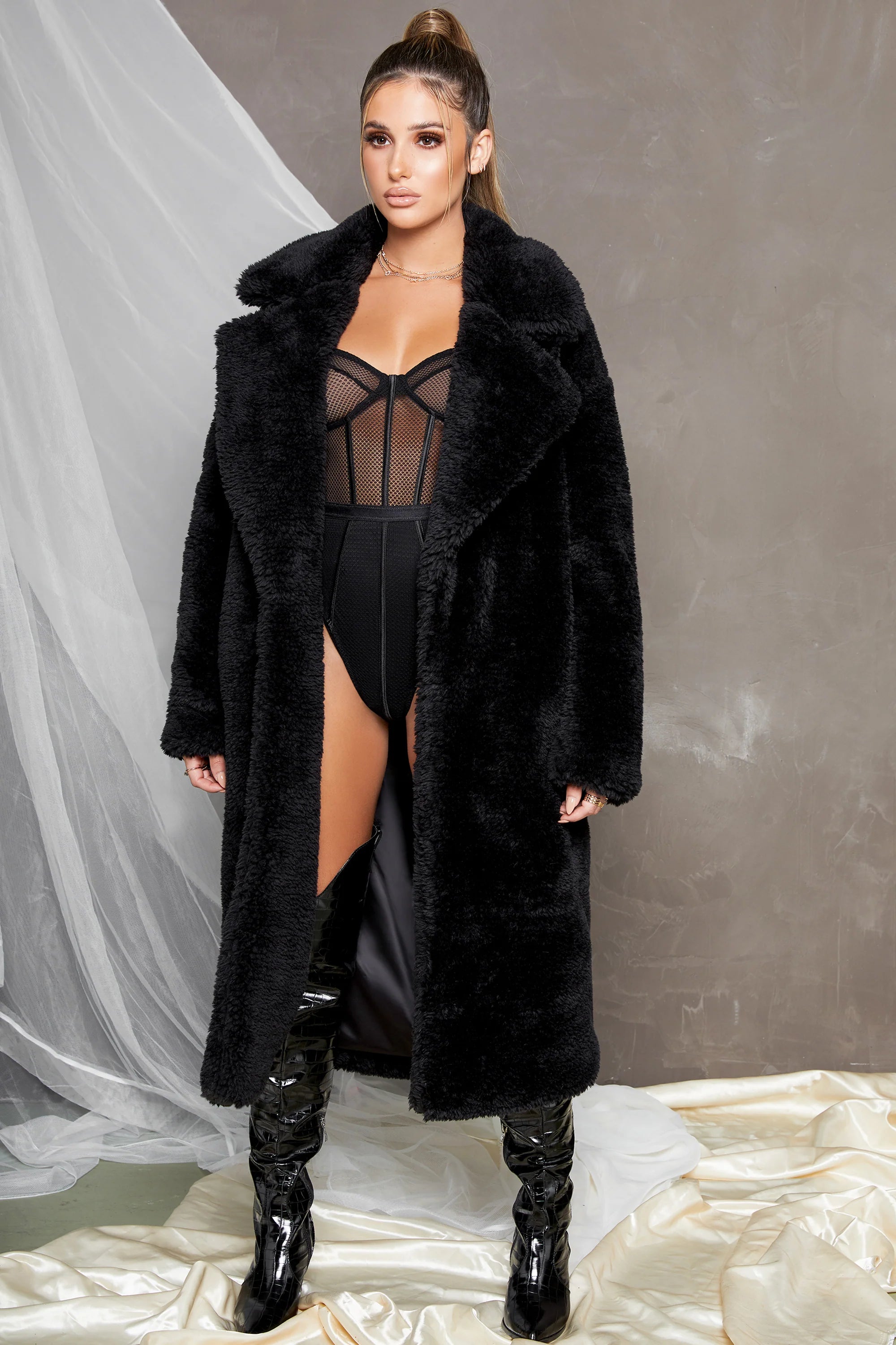 Empire Oversized Longline Cocoon Teddy Coat in Black