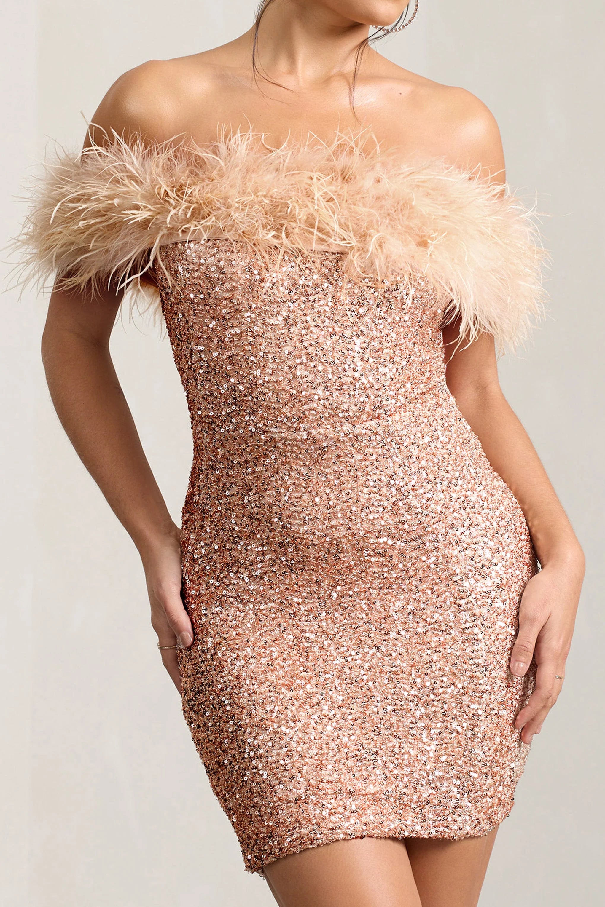 New Money | Gold Bodycon Sequin Mini Dress With Feather Trim