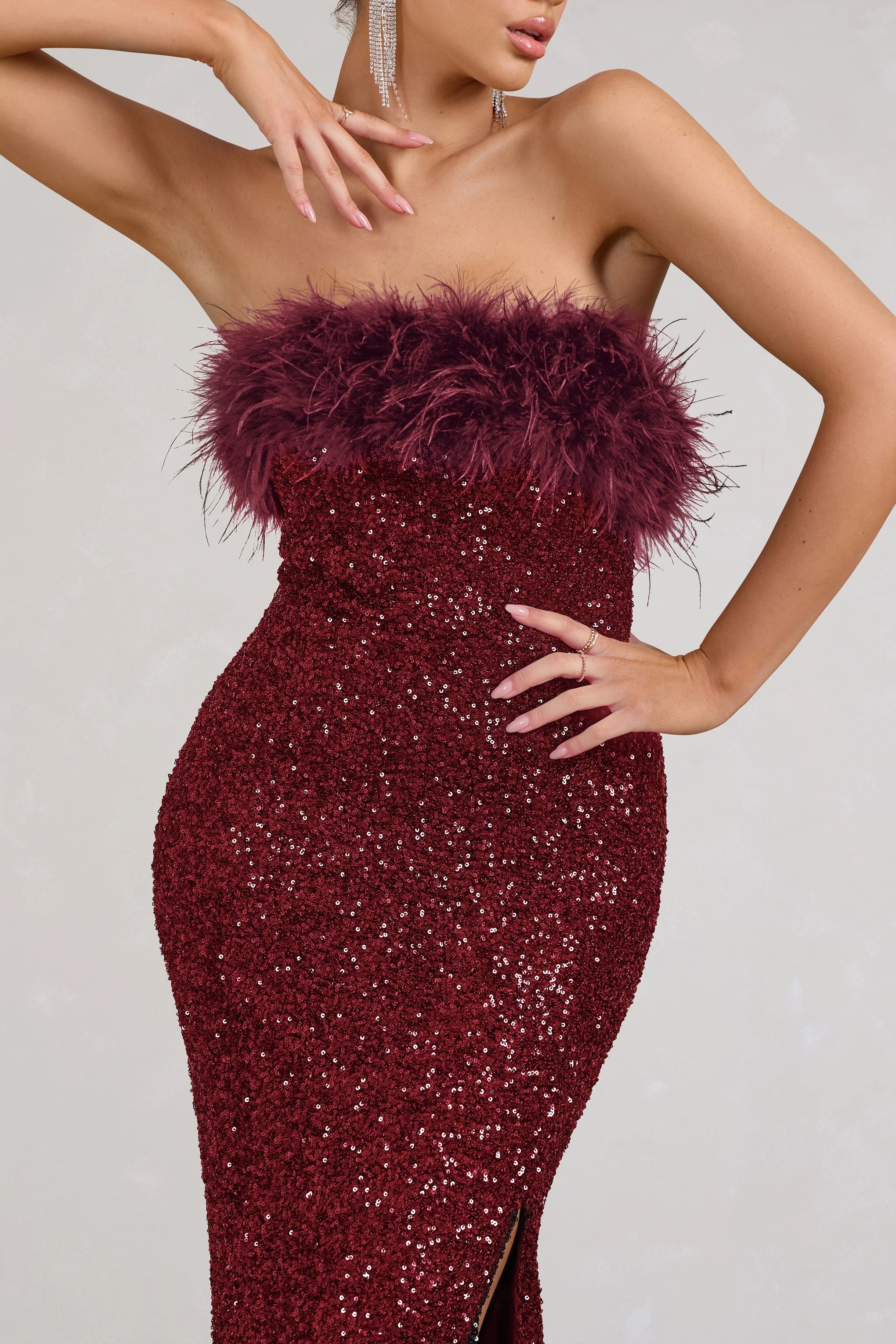 Old Money | Burgundy Bodycon Sequin Maxi Dress With Feather Trim