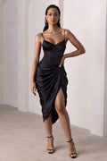 Unrivalled | Black Satin High Waist Thigh Split Midi Skirt