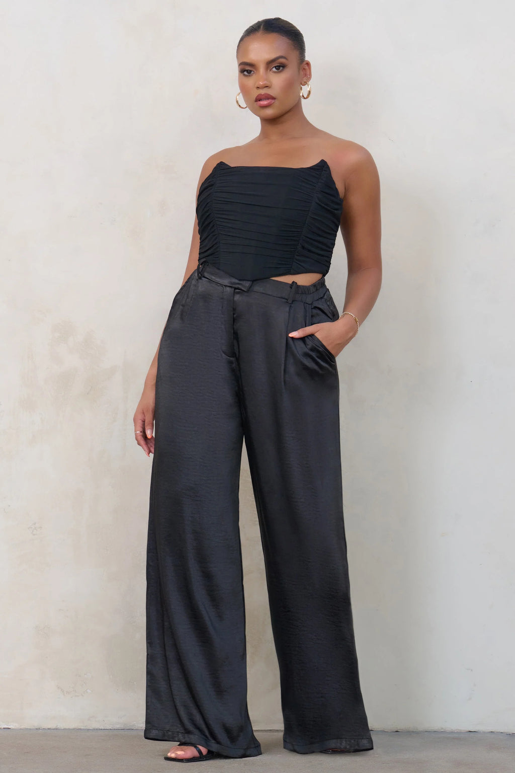 No Limits | Plus Black Satin Wide Leg Trousers