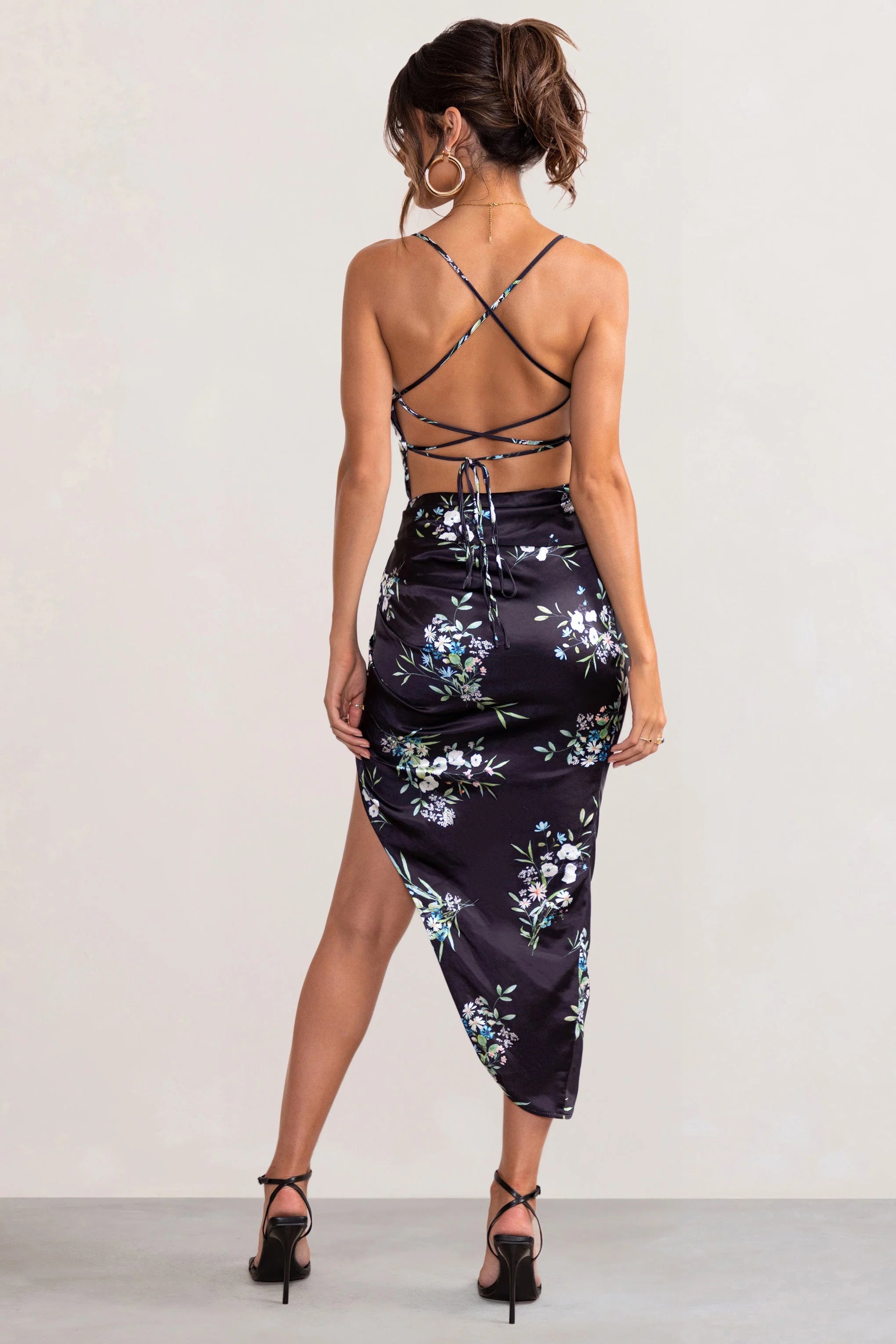 Risk It All | Black Floral Print Cowl Neck Satin Asymmetric Hem Midi Dress