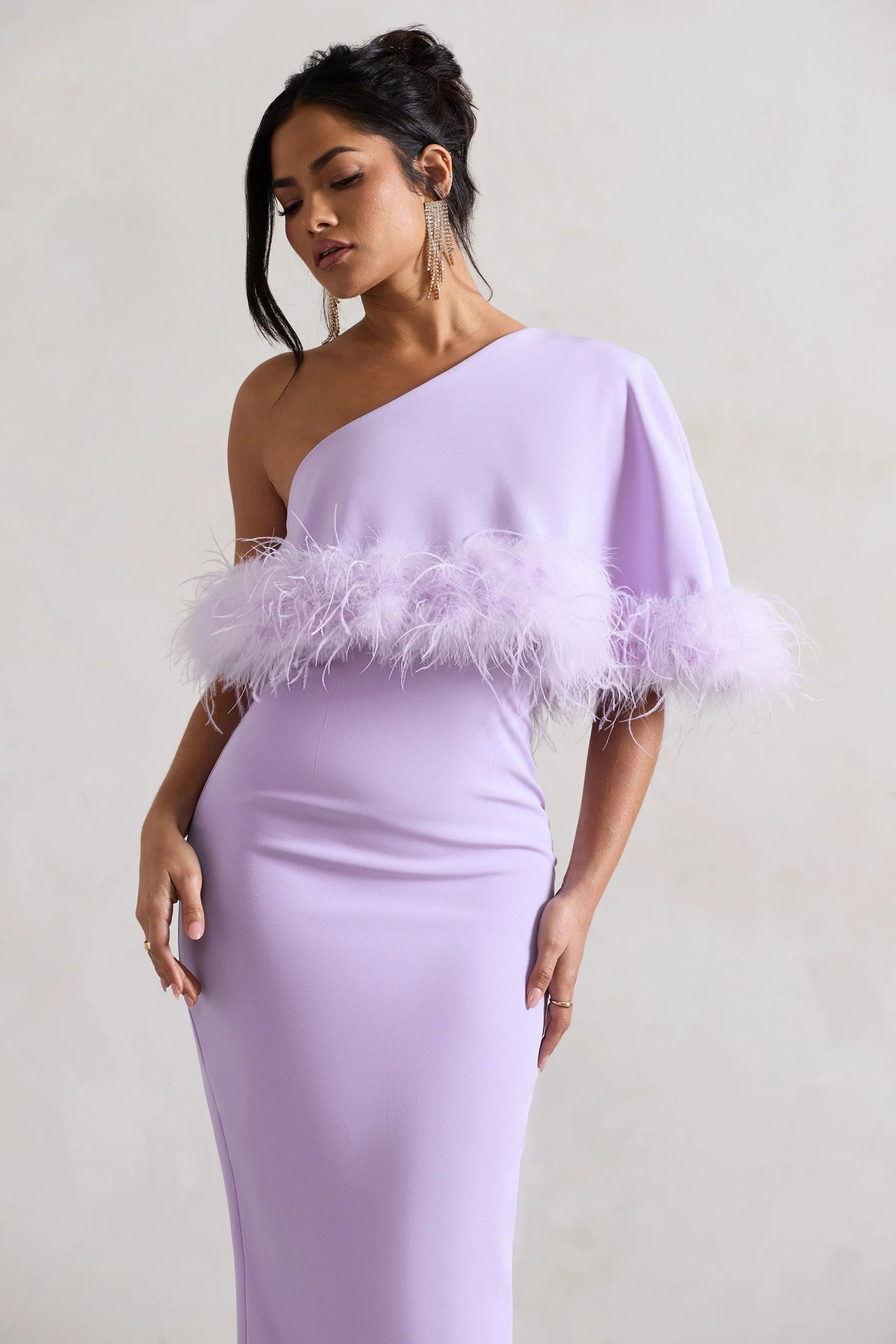 Victory | Lilac Asymmetric Midi Dress With Feather Trim