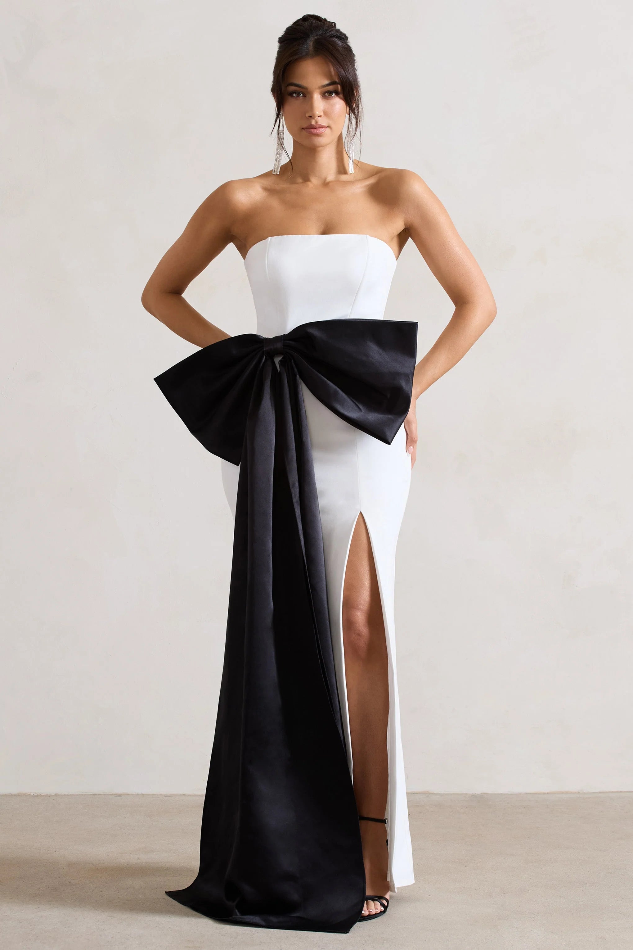 Sincerely | White Bandeau Split Maxi Dress With Oversized Black Bow