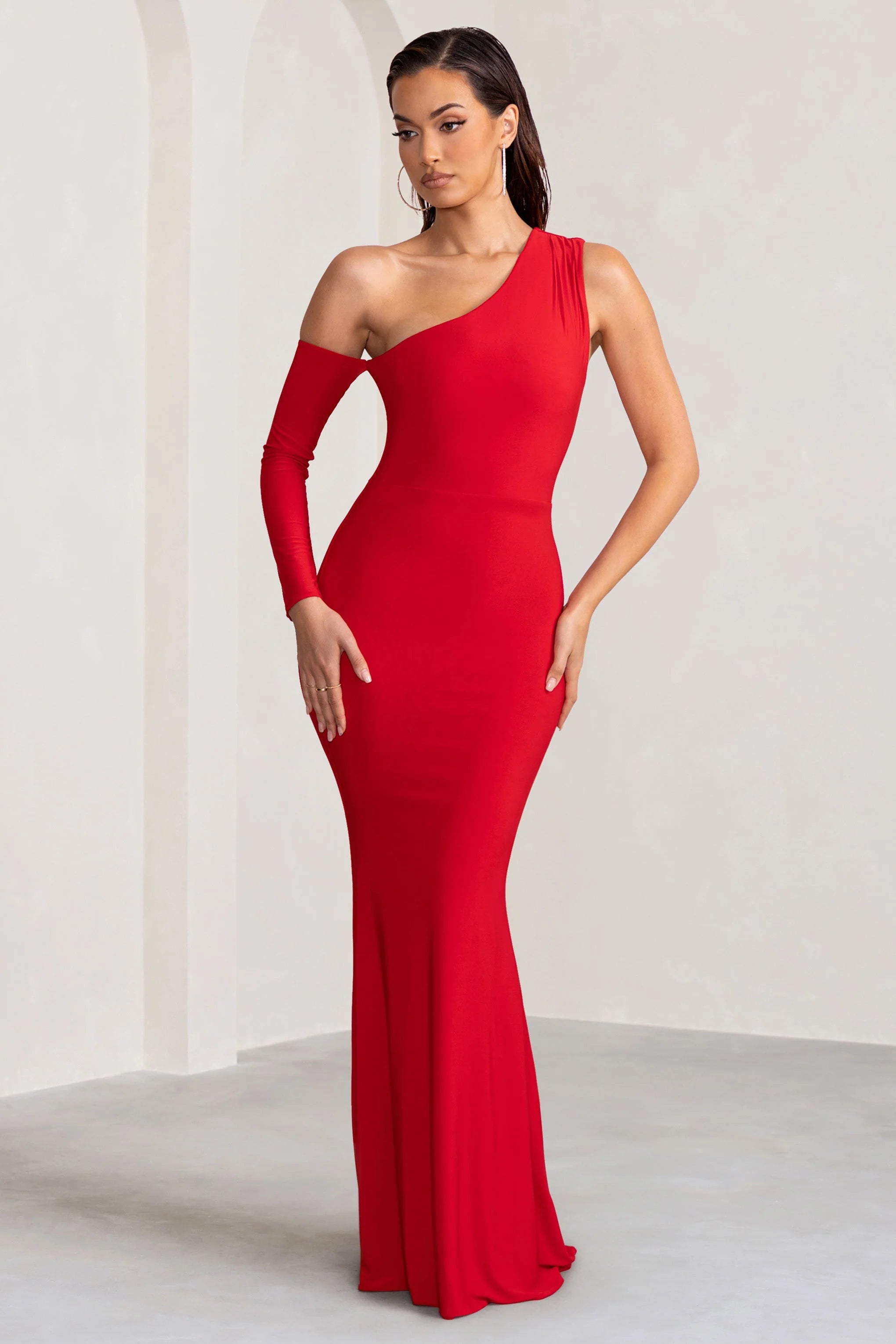 Baylor | Red One Shoulder Draped Skirt Maxi Dress