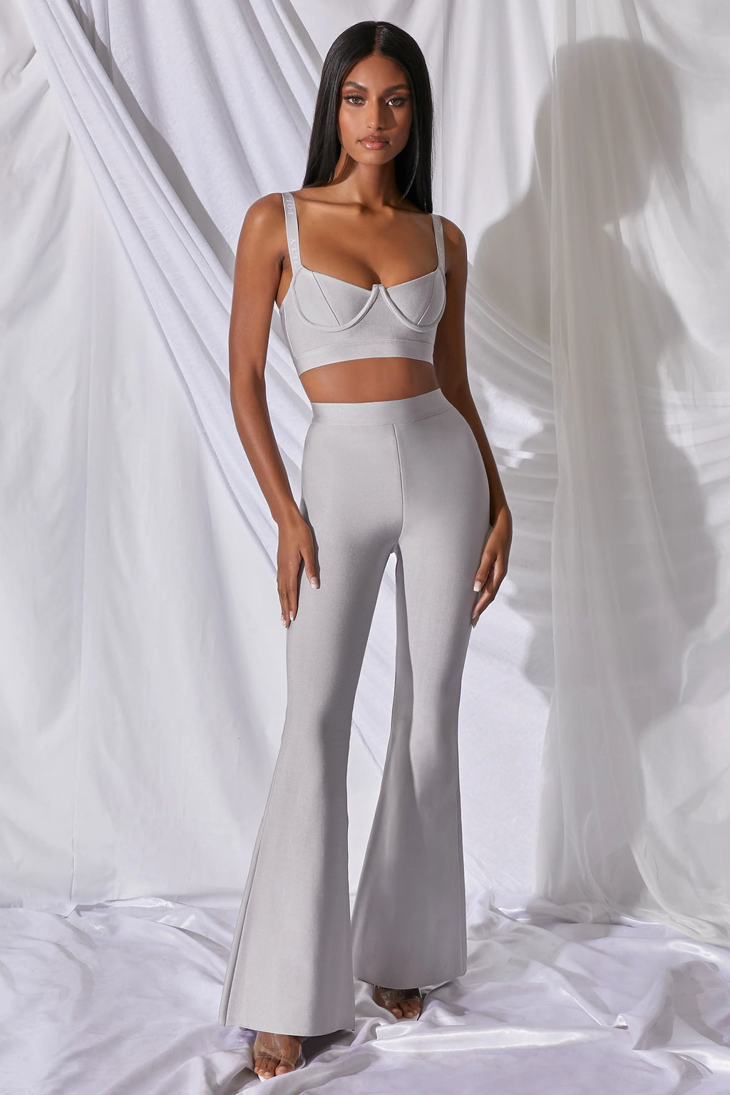 Too Good For You High Waisted Bandage Flare Trousers in Grey