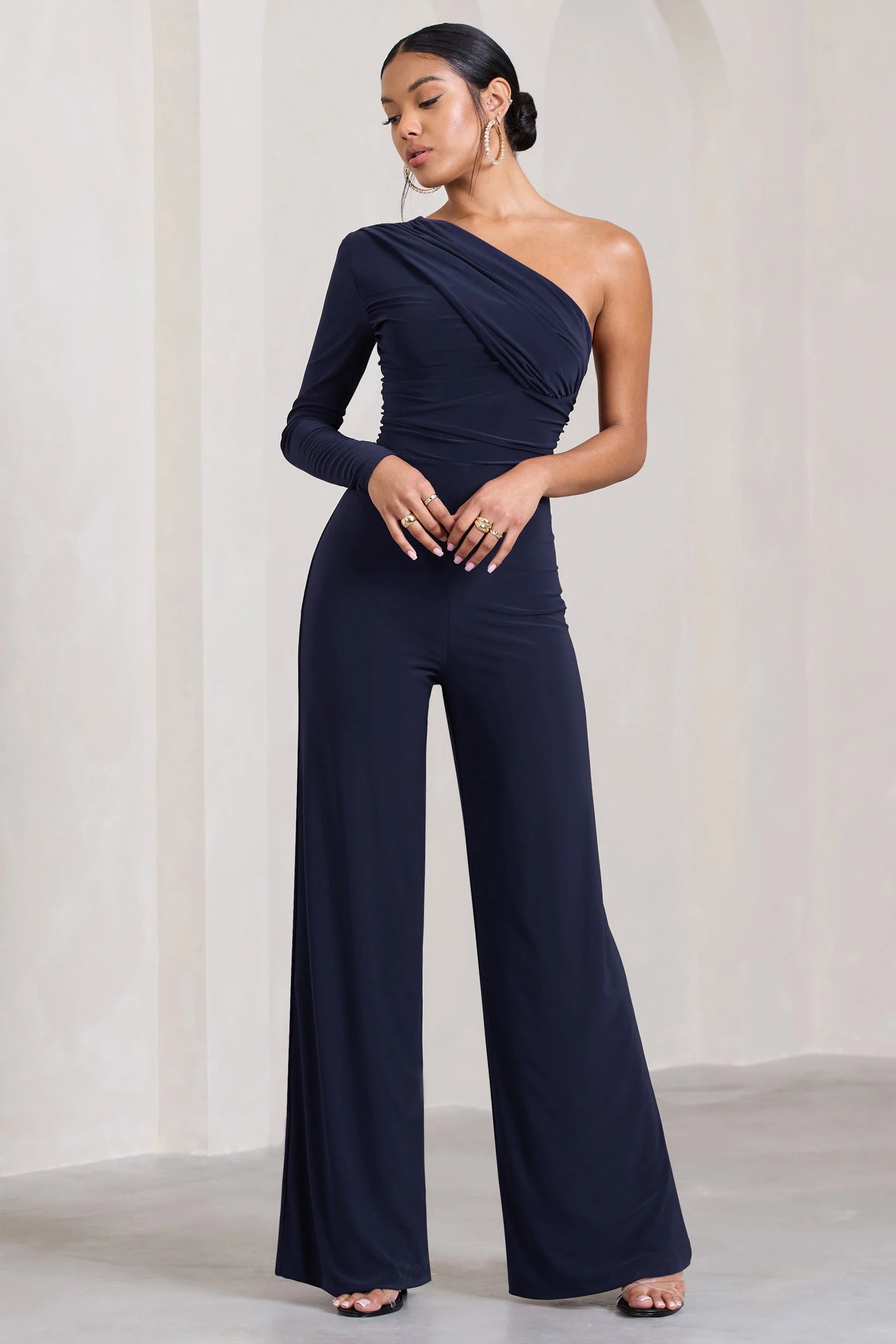 Mila | Navy One Shoulder Ruched Wide Leg Jumpsuit