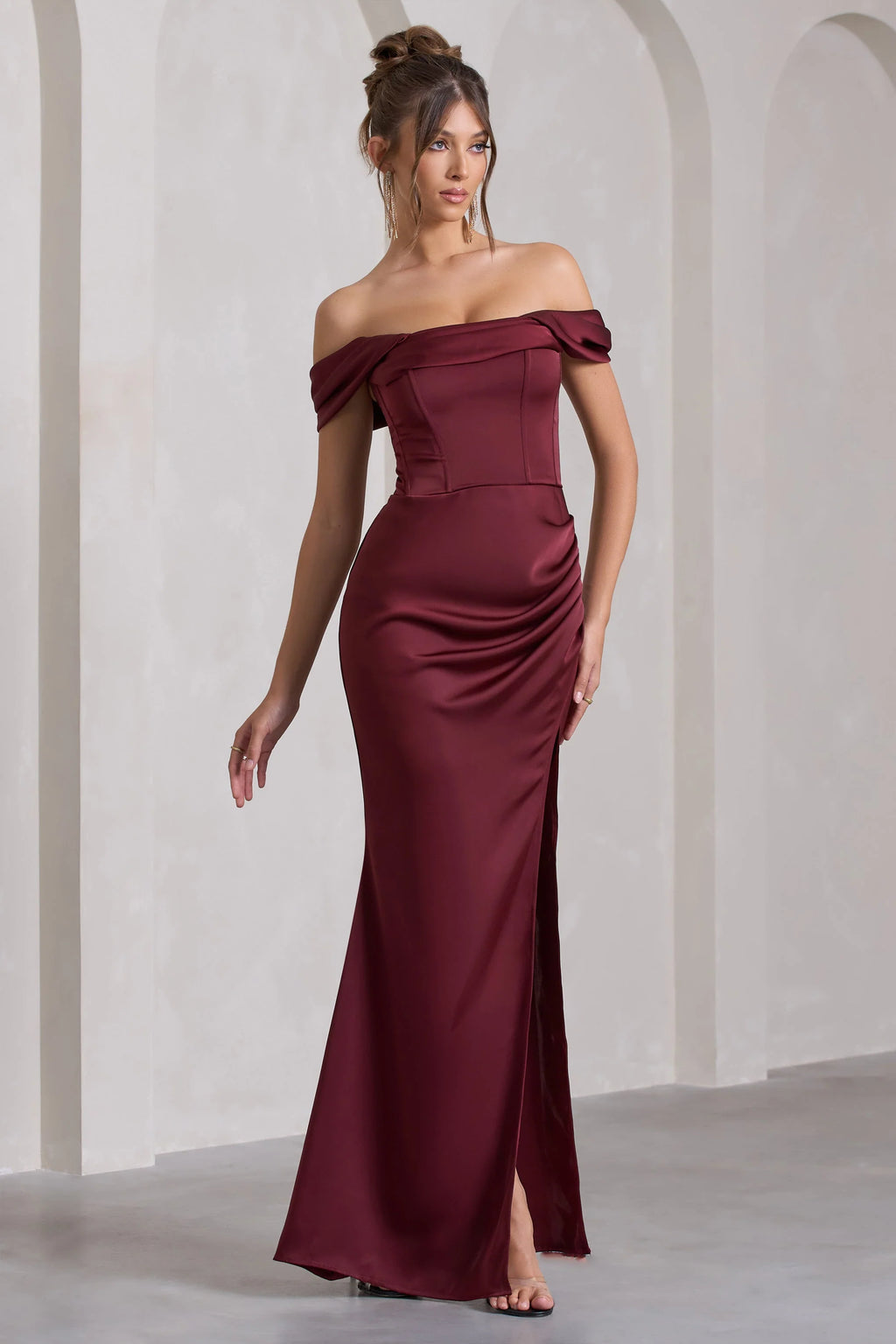 Kimberly | Burgundy Bardot Fishtail Satin Maxi Dress