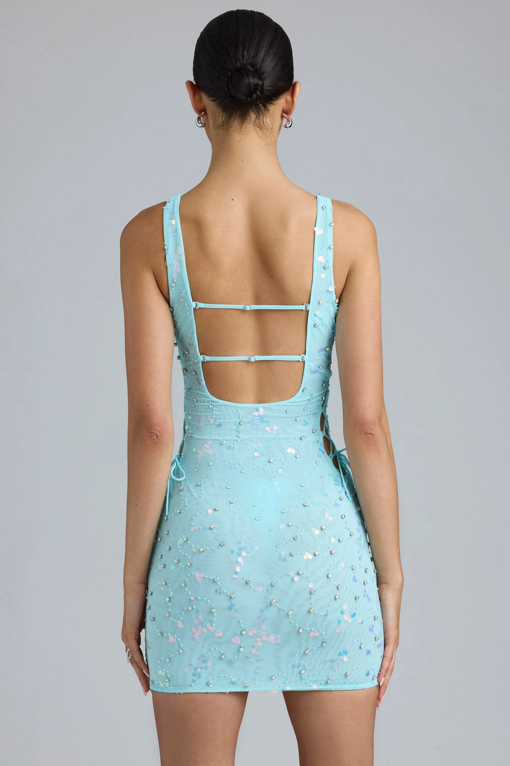 Embellished Lace-Up Mini Dress in Ice Blue