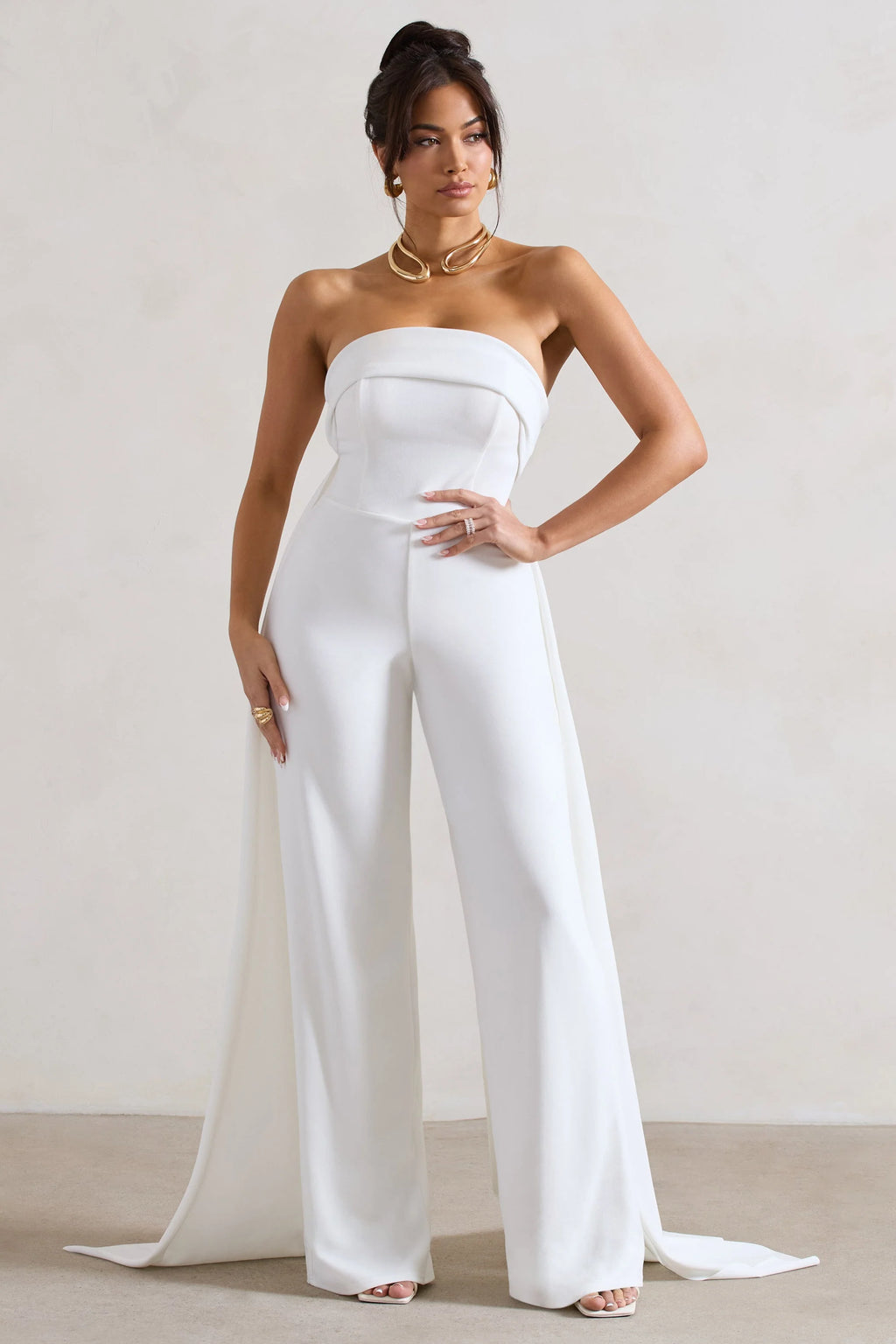 Amaya | White Bandeau Wide-Leg Jumpsuit With Cape