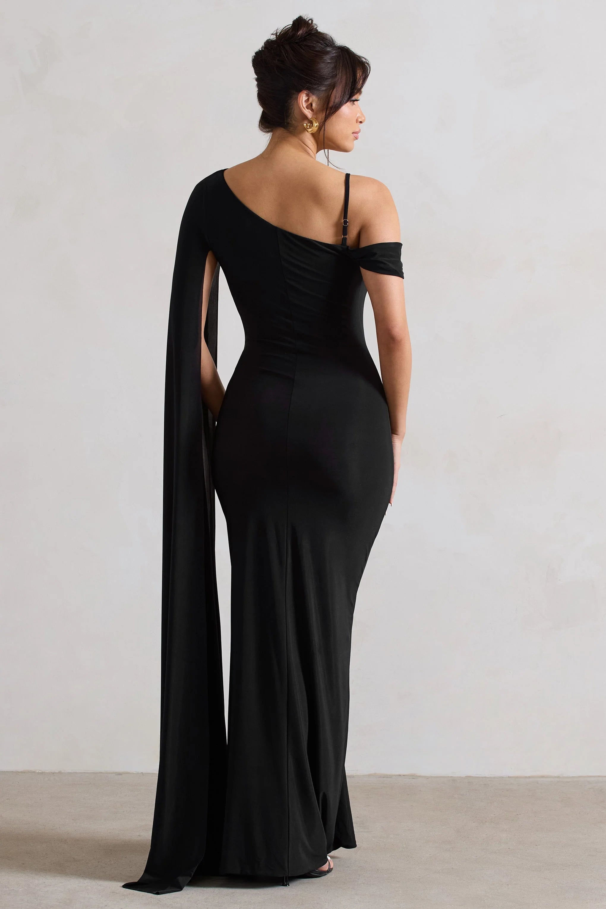 Pedra | Black Asymmetric Draped Maxi Dress With Sash