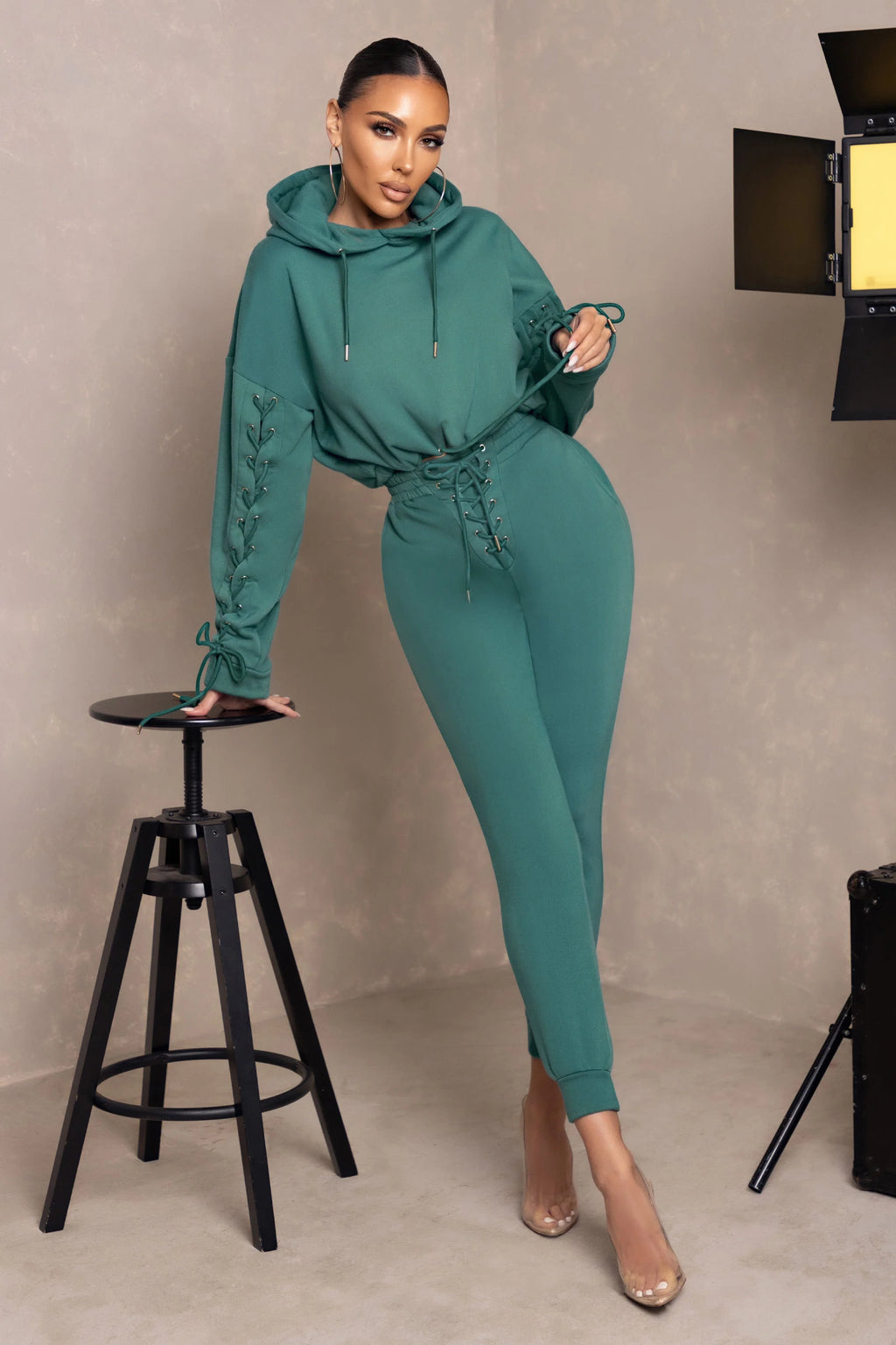 On A Roll | Teal Eyelet & Lace Up Detail Tapered Joggers