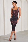 Lisbon | Plum Print Square Neck Ruched Midi Dress
