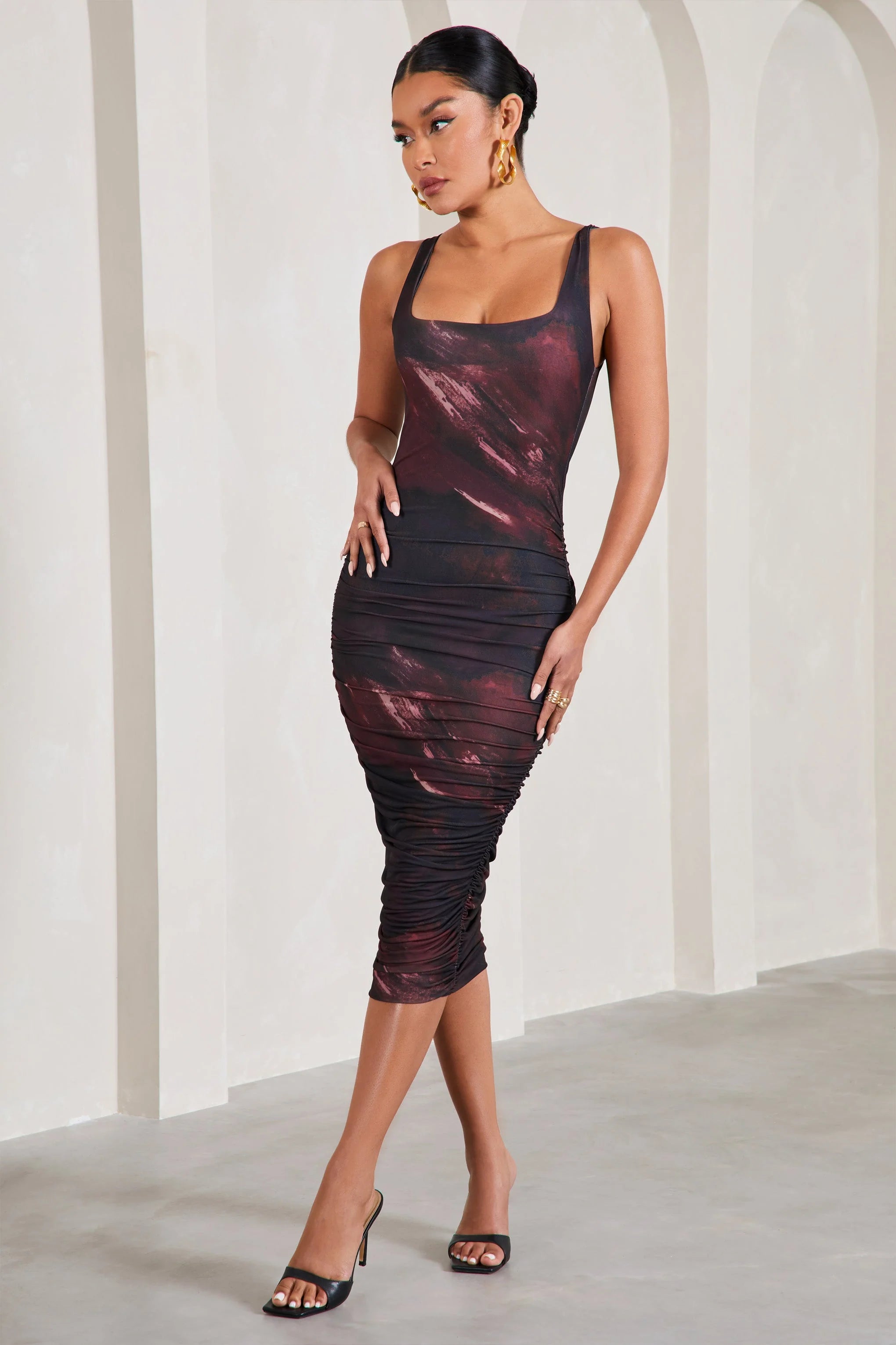 Lisbon | Plum Print Square Neck Ruched Midi Dress
