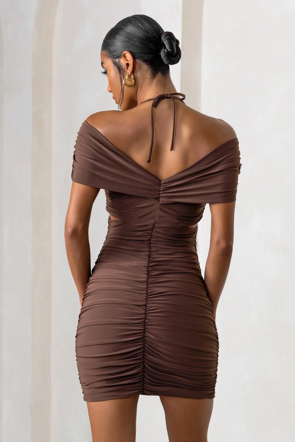 Catch Me | Chocolate Brown Bardot Ruched Mini Dress