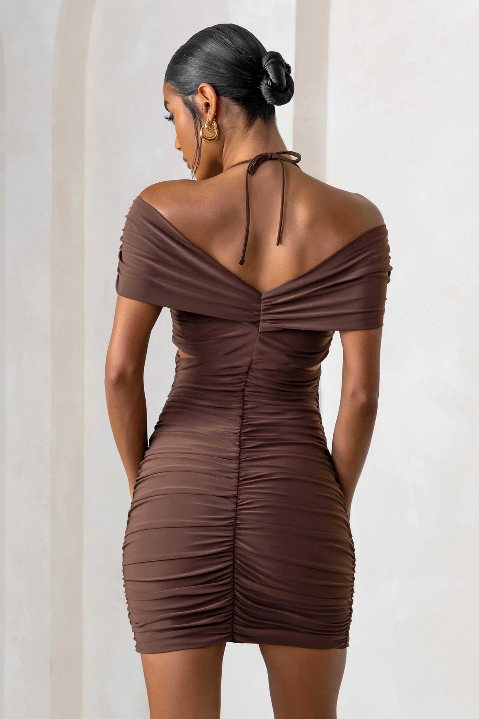 Catch Me | Chocolate Brown Bardot Ruched Mini Dress