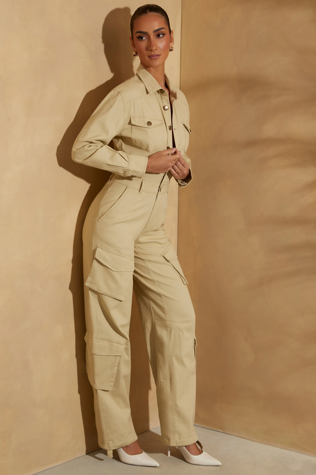Petite Wide Leg Long Sleeve Cargo Jumpsuit in Sage