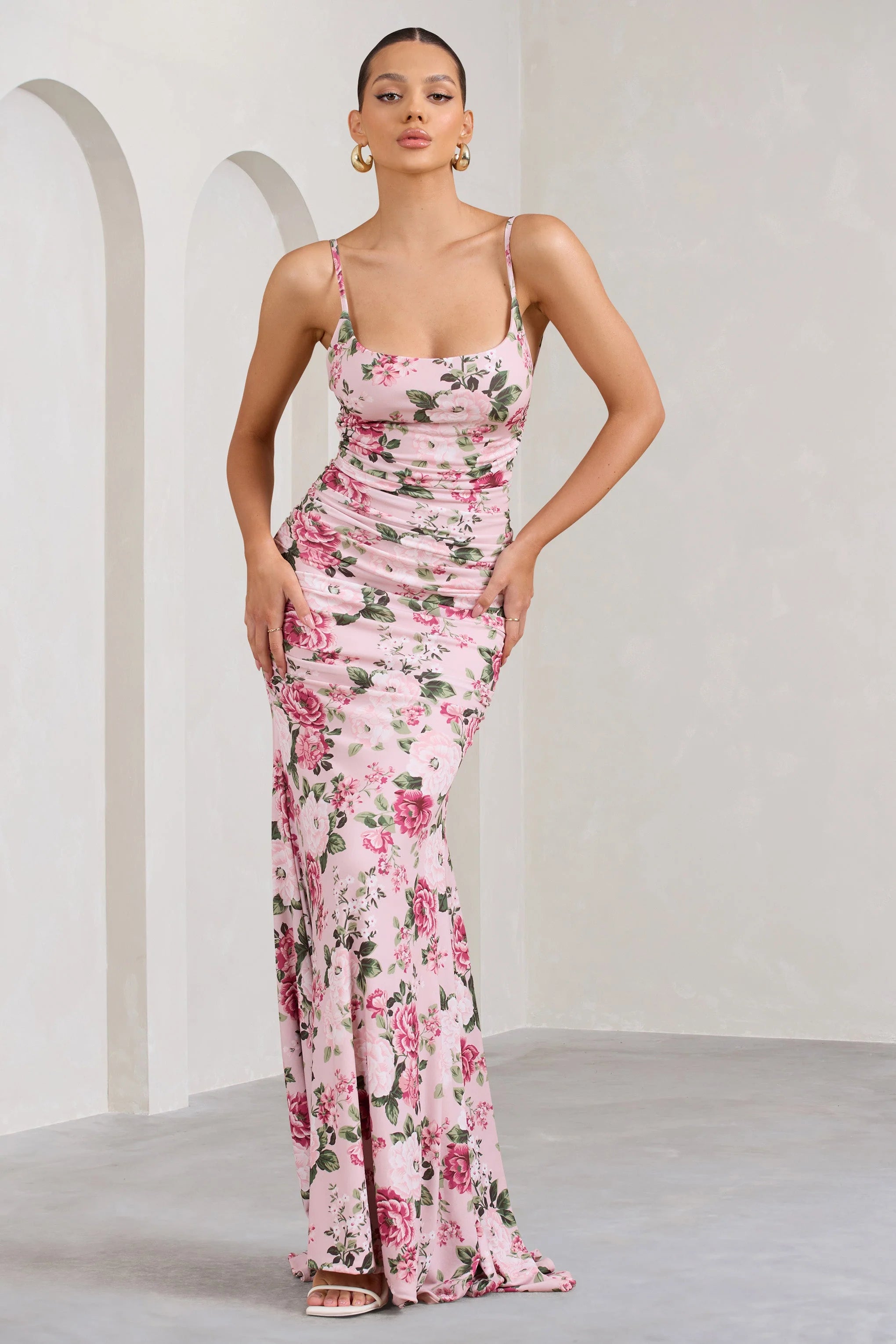 Adele | Pink Floral Print Backless Ruched Fishtail Cami Maxi Dress