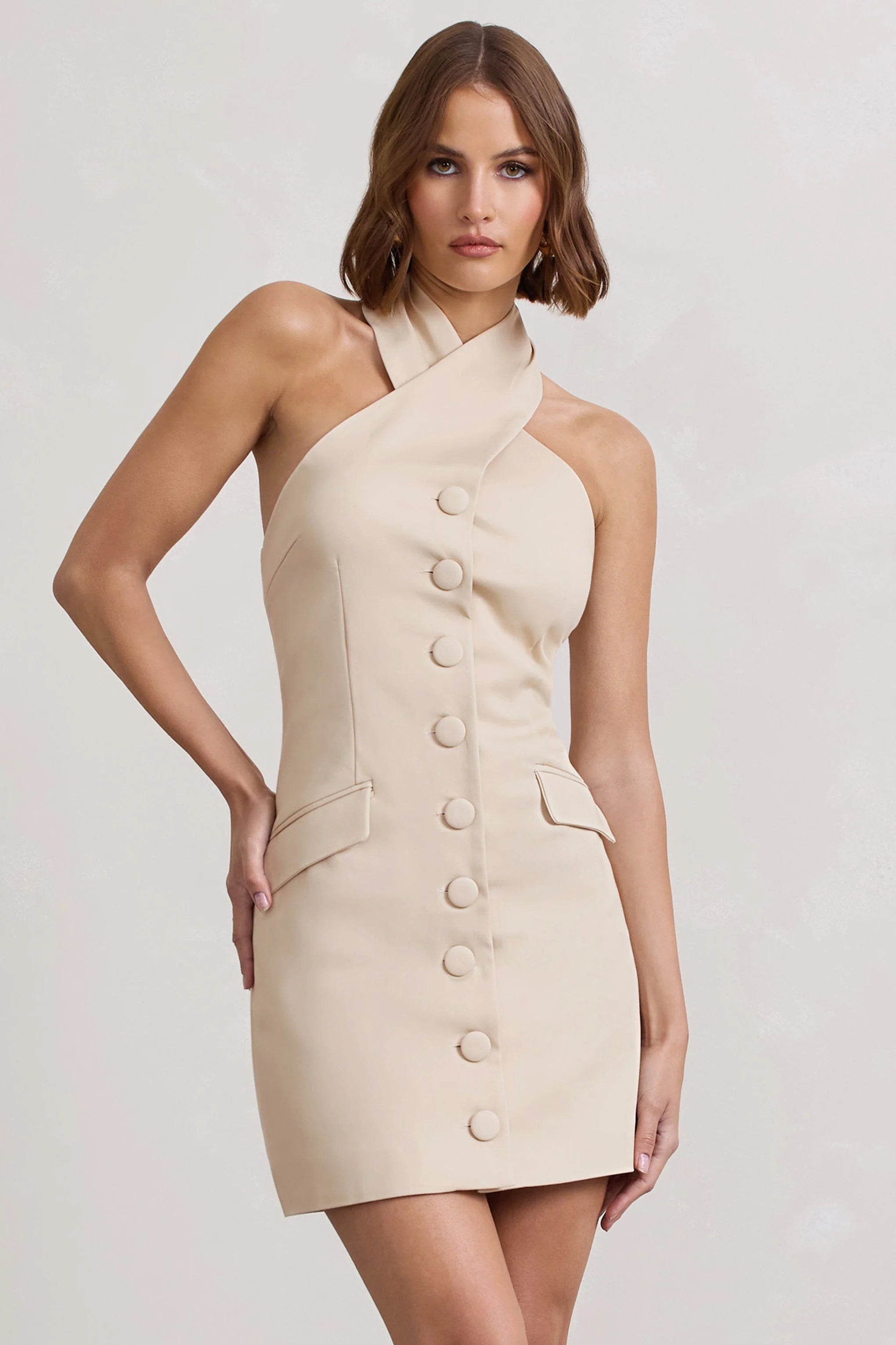 Dani | Stone Halter Neck Tailored Buttoned Bodycon Mini Dress