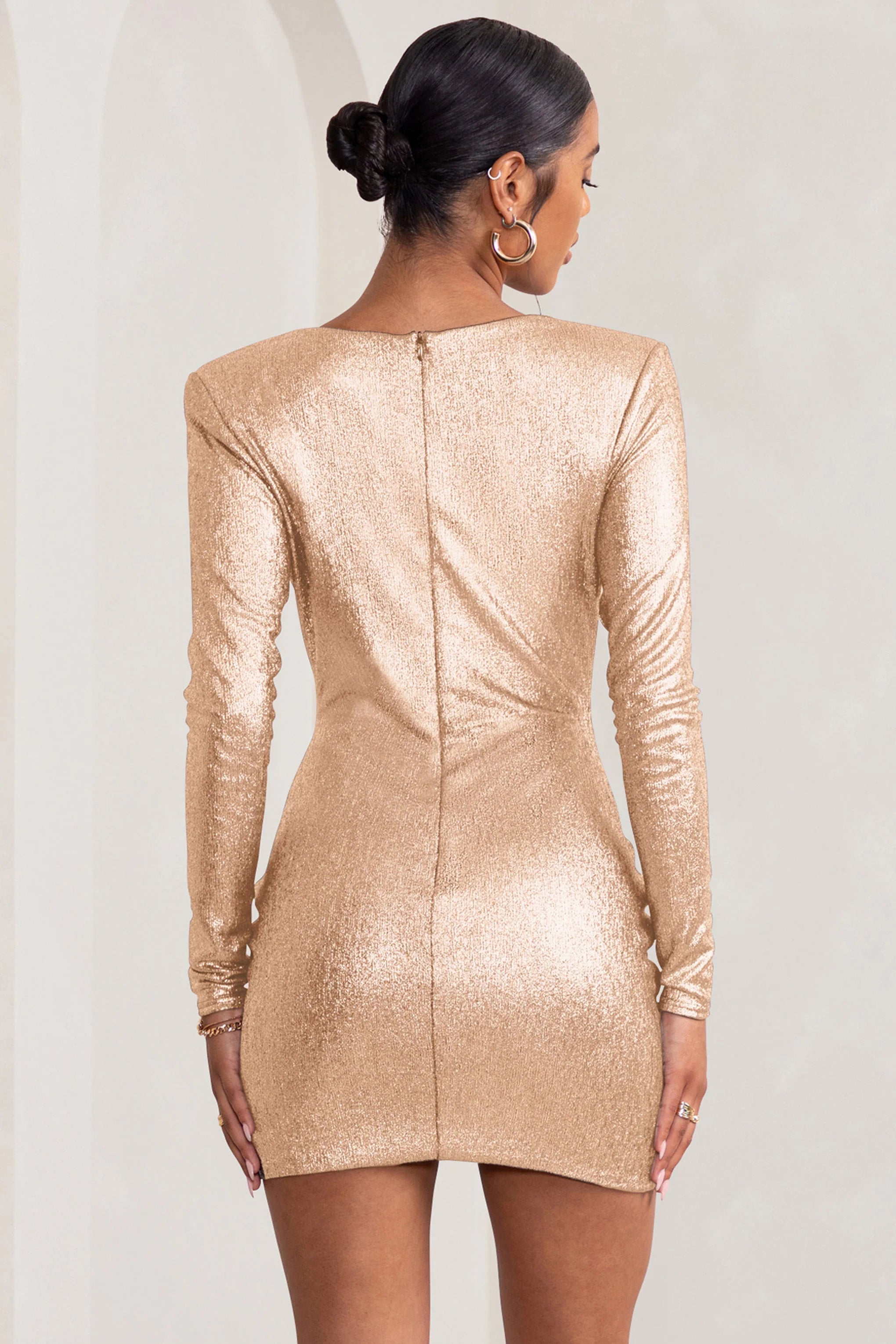 Zara | Gold Extreme Plunge Wrap Skirt Long Sleeve Mini Dress With Shoulder Pads