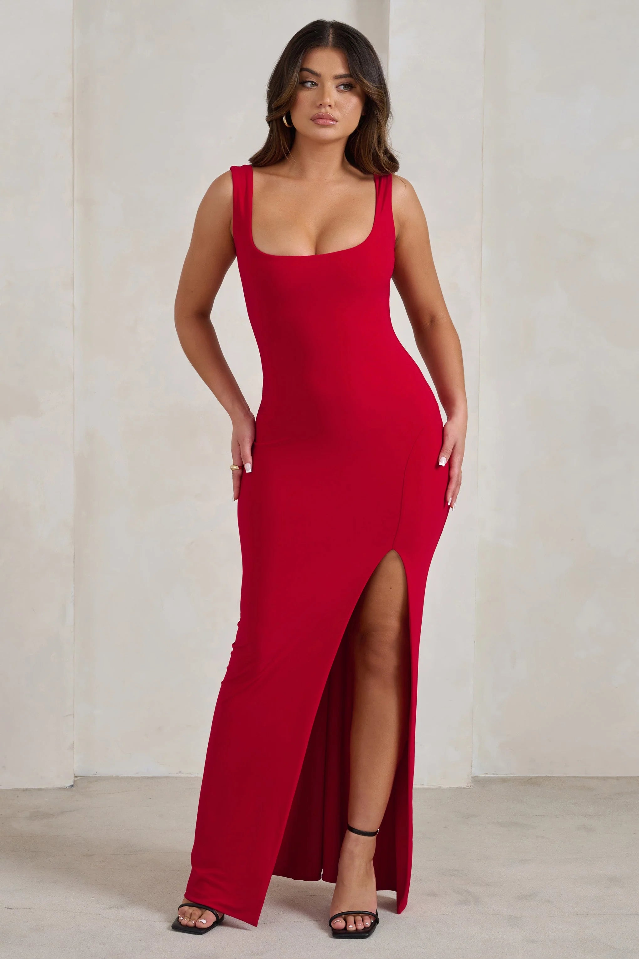 Madeline | Red Sleeveless Thigh Split Maxi Dress