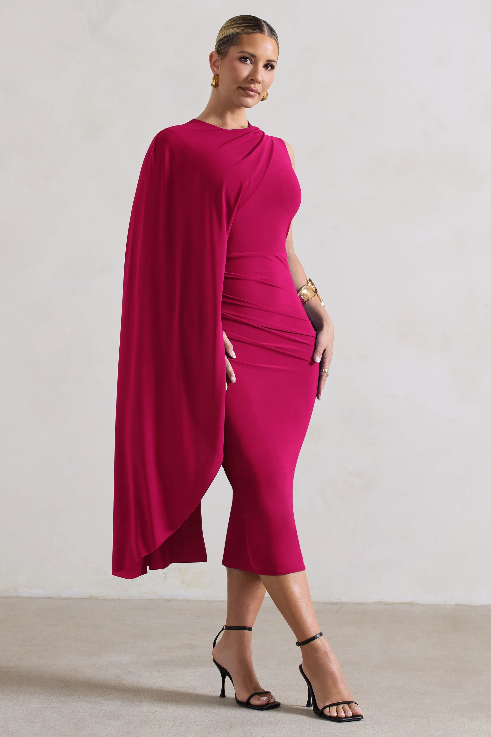 Reveal | Dark Pink One-Sleeve Cape Midi Dress